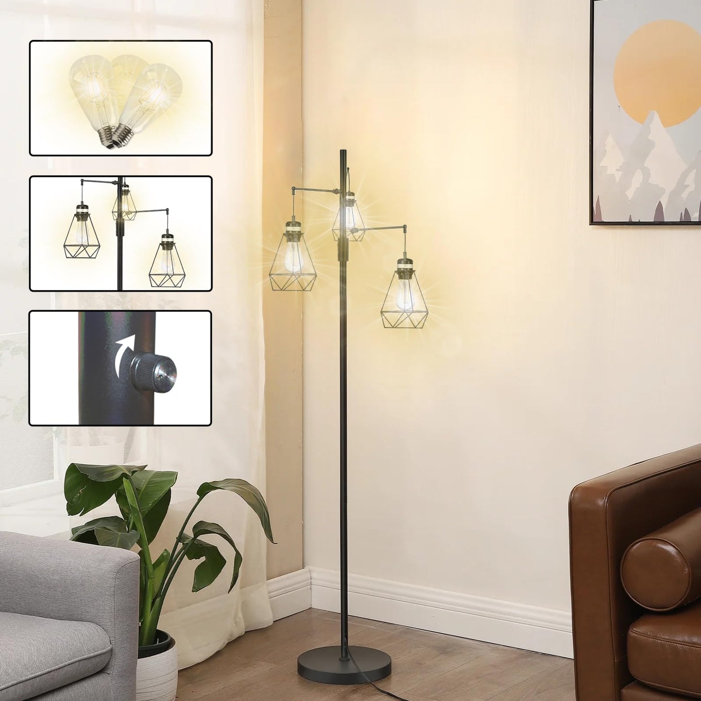 NUNET Boho Industrial Farmhouse Floor Lamp with Stepless Dimming & 3 Adjustable Cage Shades - Vintage Rustic Tall Standing Light for Living Room/Office, Includes Edison Bulbs, Weighted Base