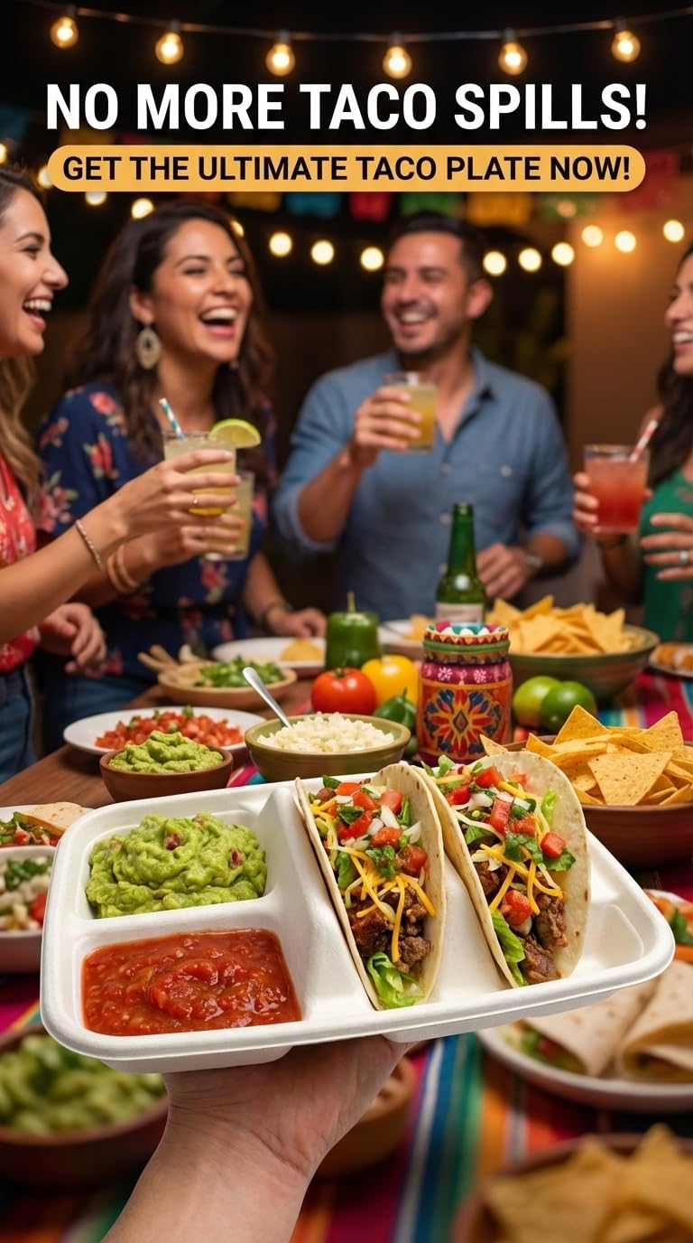 White Disposable Taco Plates for 2 Tacos & 2 Sides – 50 PACK | Premium Paper Plates with Dividers, Fiesta Taco Holder, Taco Stand for Taco Tuesday & Taco Bar Serving Set (White, 50 plates)