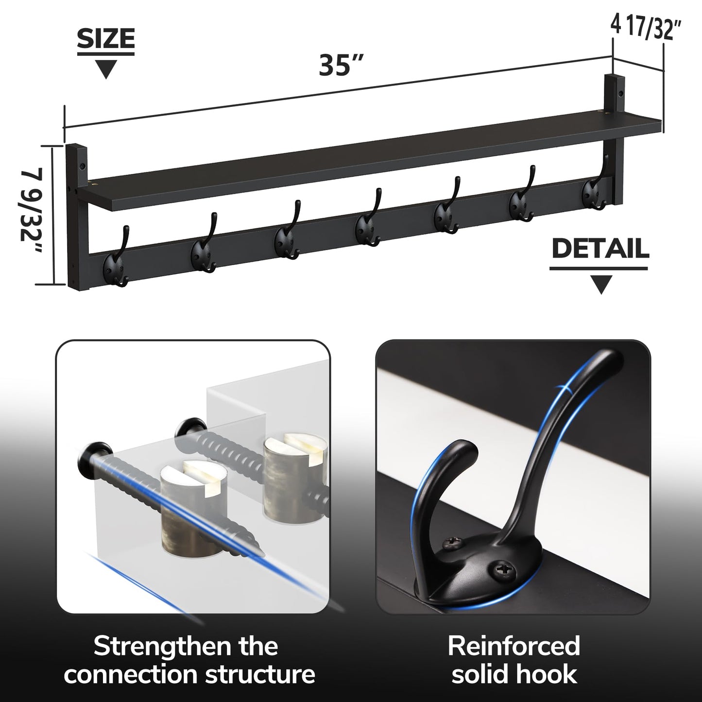 BAMEOS Wall Hooks with Shelf 35 Inch Length Entryway Hanging Shelf Wood Coat Hooks Wall-Mounted Coat Hook Rack with 7 Dual Hooks for Bathroom, Living Room, Bedroom (Black)