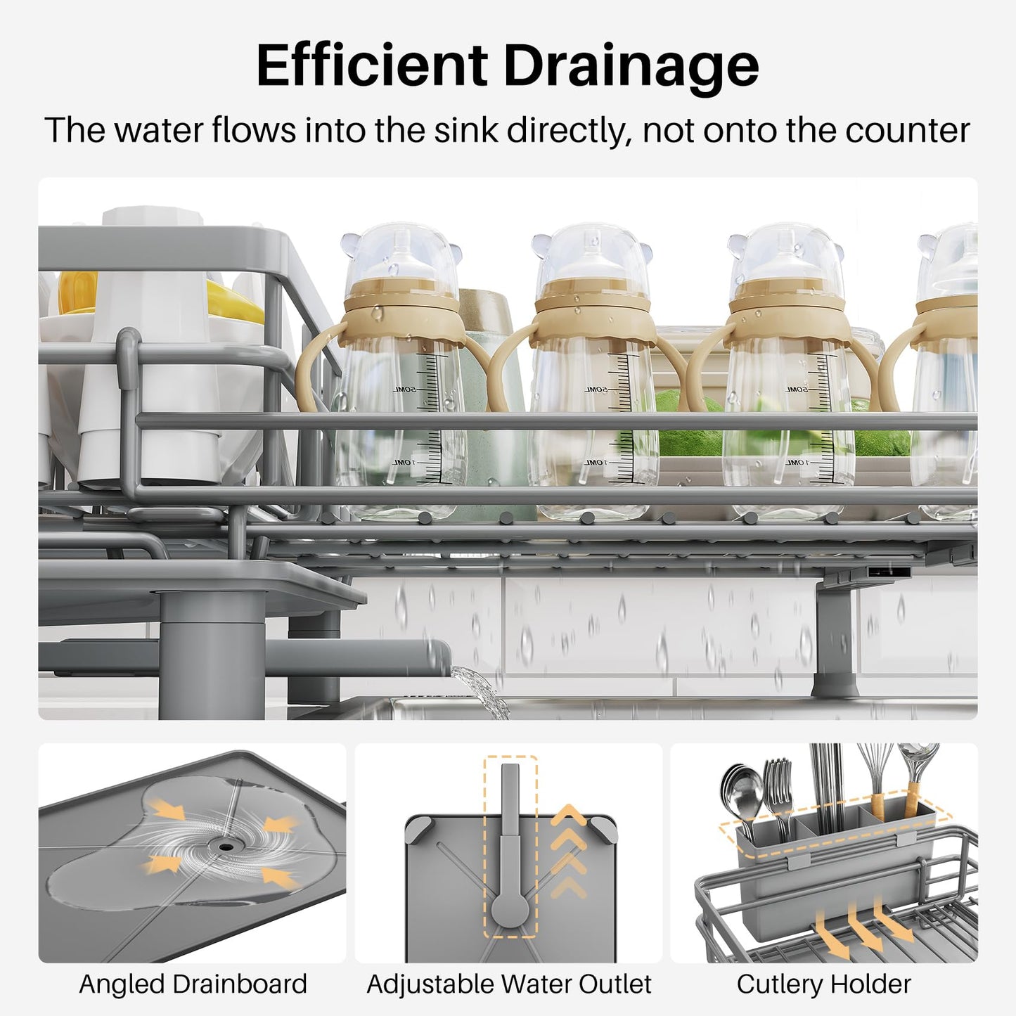 SNTD Dish Drying Rack - Extendable Dish Rack, Large Sink Drying Dish Drainer for Kitchen Counter, Stainless Steel Dish Strainer with Utensil Holder (Grey)
