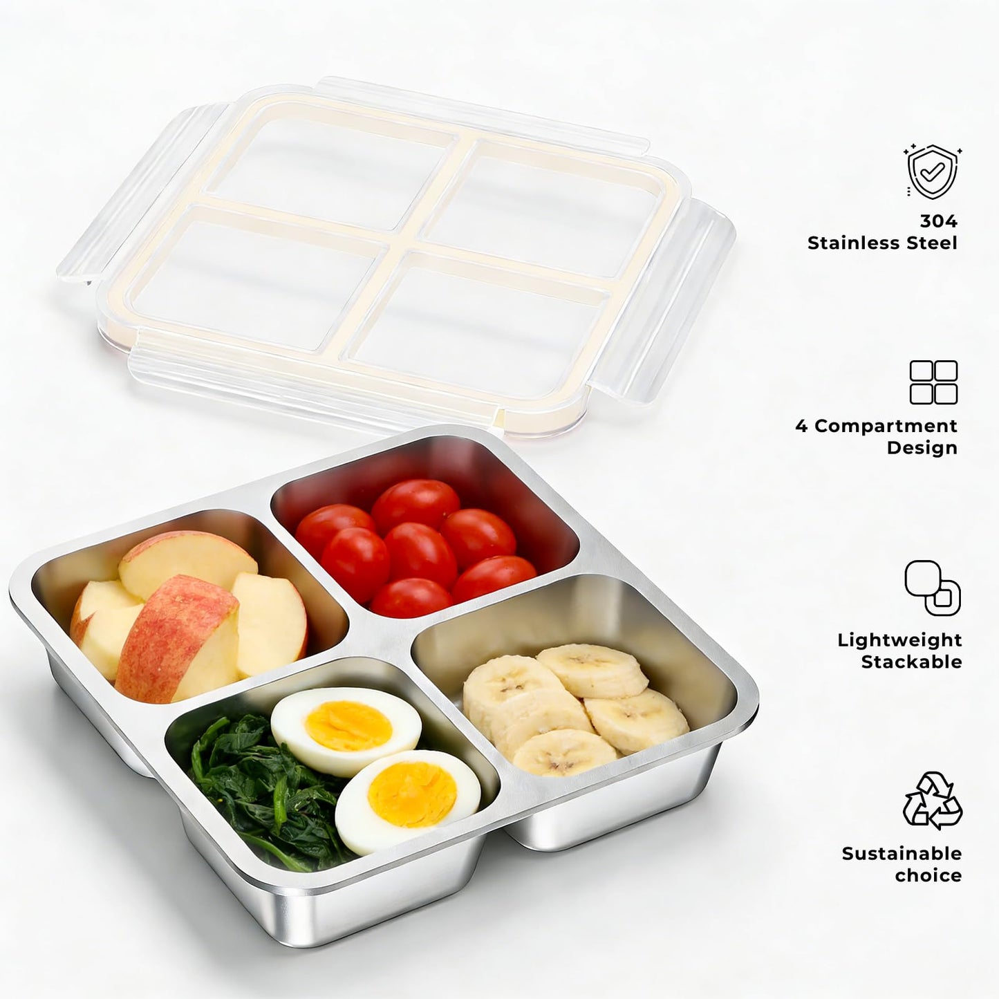 EC-Gaze 3 Pack Stainless Steel 4 Compartment Snack Containers with Lids, Reusable Divided Lunch & Food Storage Containers for Work, Travel (Pink, Yellow, Blue)