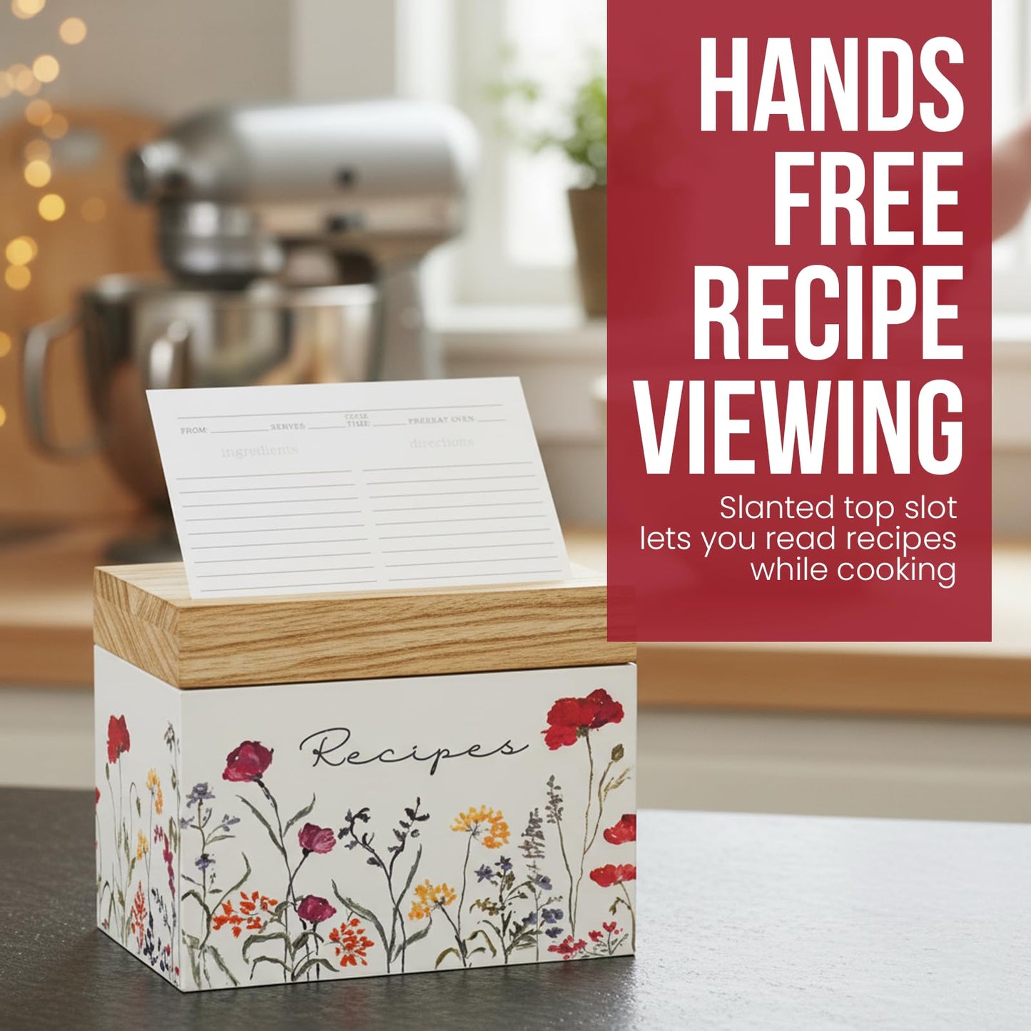 SENSORY4U Wooden Recipe Box with Cards & Dividers – Wildflower Floral Design – Includes 100 4x6 Recipe Cards, 12 Dividers & Built-In Recipe Holder Slot – Rustic Farmhouse Kitchen Organizer