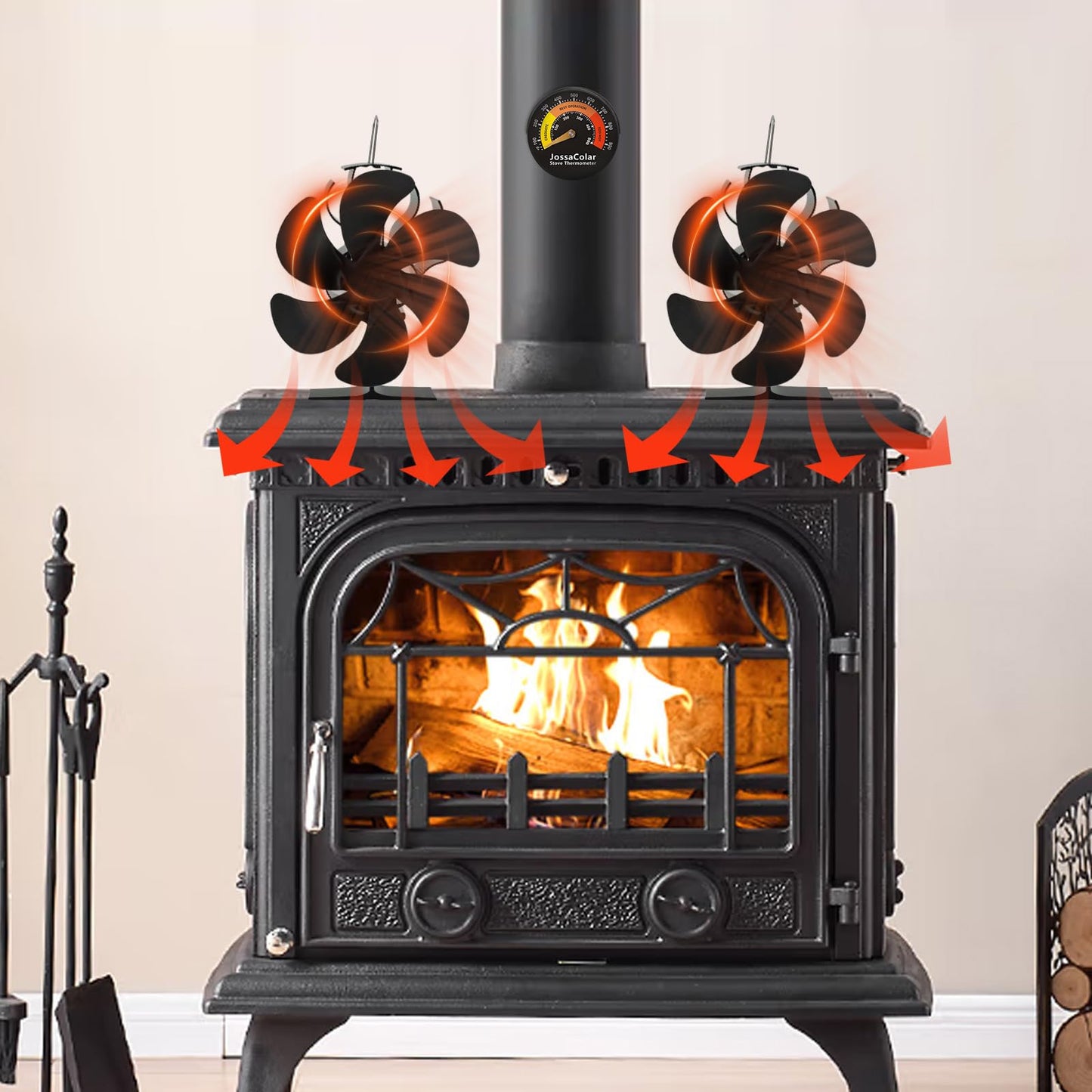 JossaColar Wood Stove Fan Heat Powered Fireplace Fan Non Electric, Thermal Fan for Wood Burning Stove/Log Burner, w/Stove Accessories Thermometer