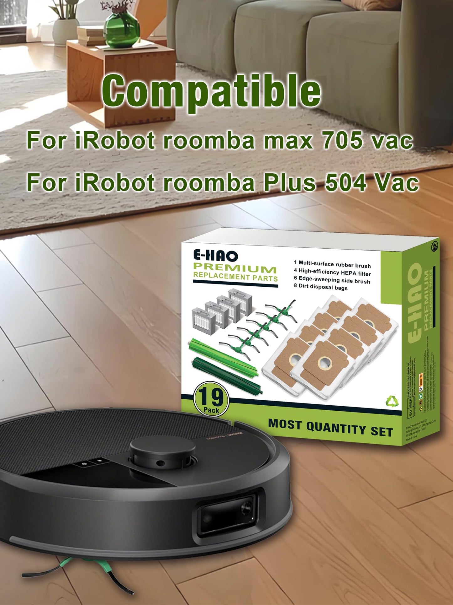 E-HAO Max 705 & 504 Replacement Parts for iRobot Roomba Max 705 Vac, Roomba Plus 504 Vac Robot Vacuum. Accessories Kit with 8 Dust Bags, 2 Rubber Rollers, 4 HEPA Filters, 6 Side Brushes