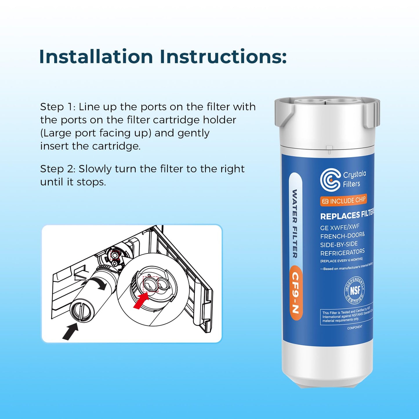 Crystala Filters Water Filter Compatible with XWFE (Built-in CHIP), Replacement for GE XWFE, XWF Refrigerator Water Filter Pack of 1