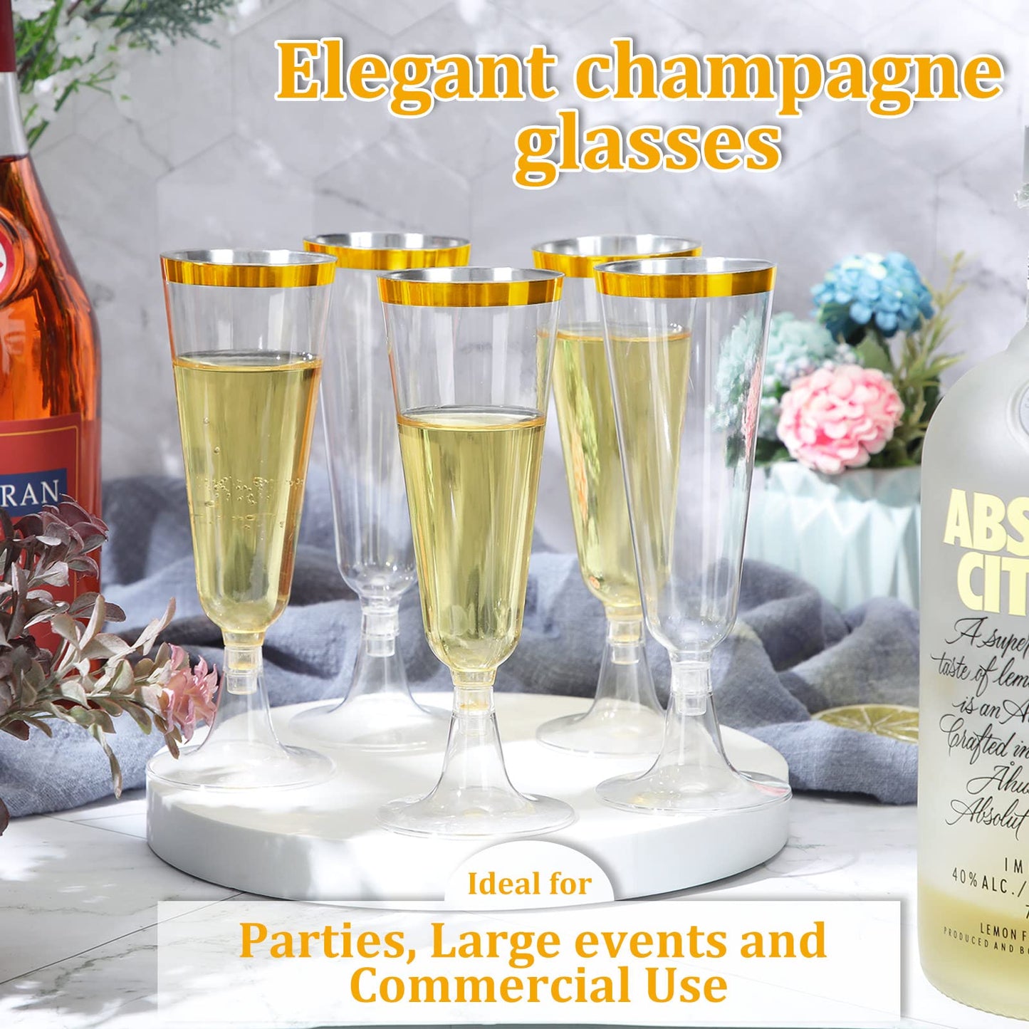 CHENGU 150 Pcs Champagne Flutes 5 Oz Plastic Disposable Champagne Flutes Crystal Wine Glasses Reusable Plastic Cocktail Cups for Wedding Celebration Toasting Drinking (Gold,Classic)