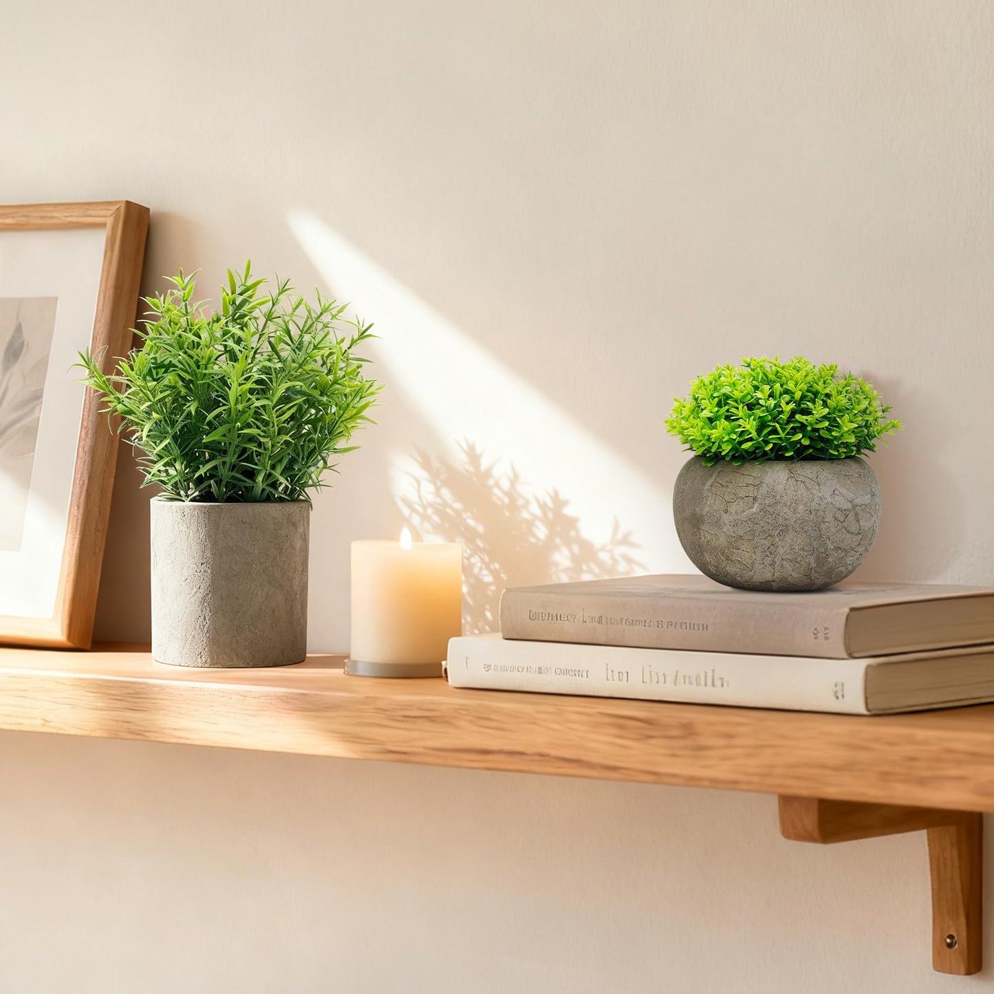 AUUGUU Artificial Potted Plants Faux Greenery in Cement Pots for Shelf, Bookshelf, Office or Home Decor, Small Decorative Fake Plants for Modern Indoor Display