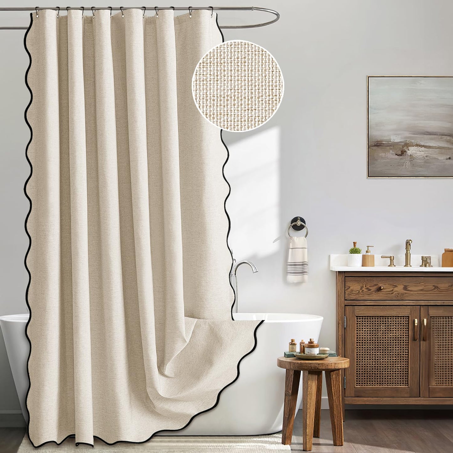 MIULEE 84" Long Scalloped Shower Curtain Linen Textured with 12 Metal Hooks Cute Extra Long Heavy Duty Washable Waterproof Cloth Shower Curtains with Black Border for Bathroom Bathtub,Cream Beige