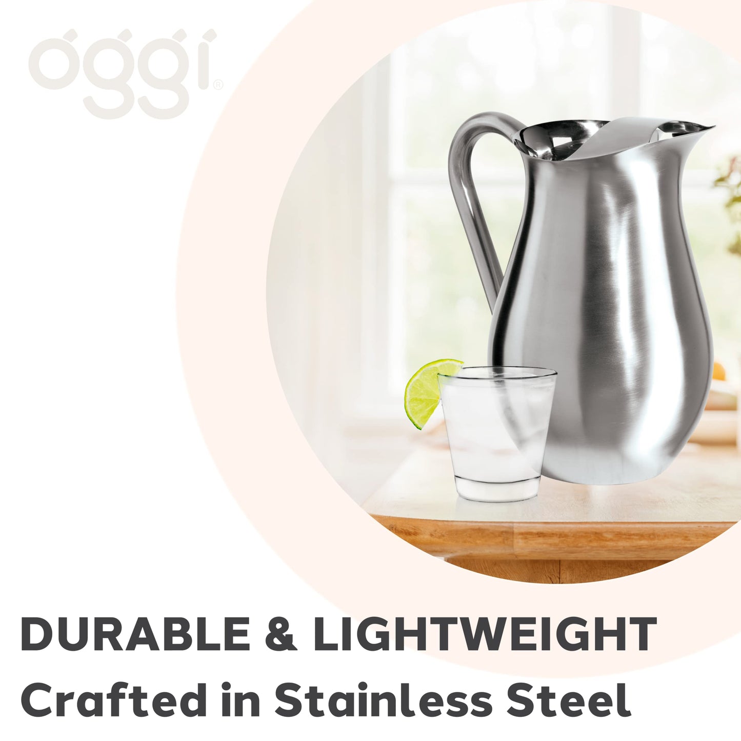 OGGI Stainless Steel Pitcher- Stainless Steel Water w/Ice Guard, Water Carafe, Great Metal Container for Entertaining, Ideal 68oz / 2 Lt Drink Pitcher