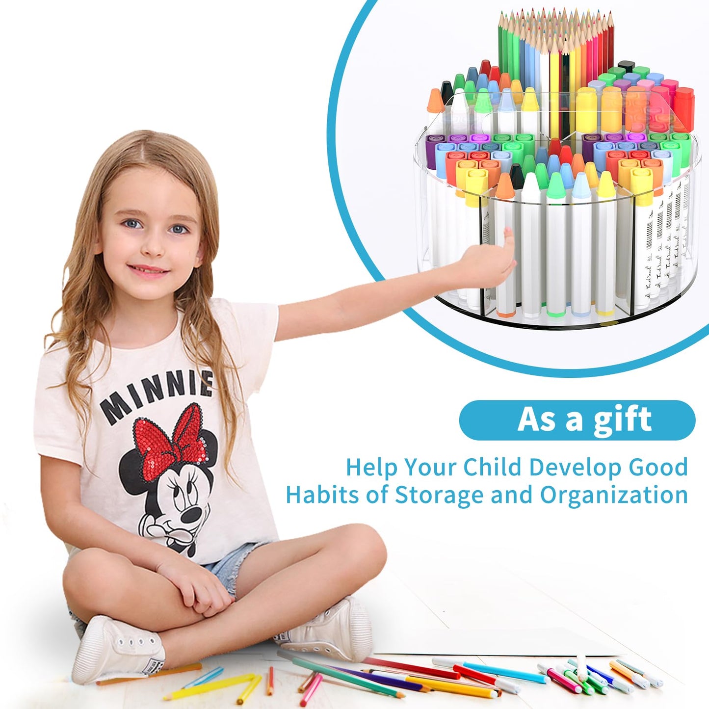Acrylic Desk Organizer Clear Pen Holder 2 Packs, 360 Degree Pencil Holder for Desk Kids, Rotating Lazy Susan Organizer for School Supplies, Marker Holder Art Supply Storage Organizer with Dividers