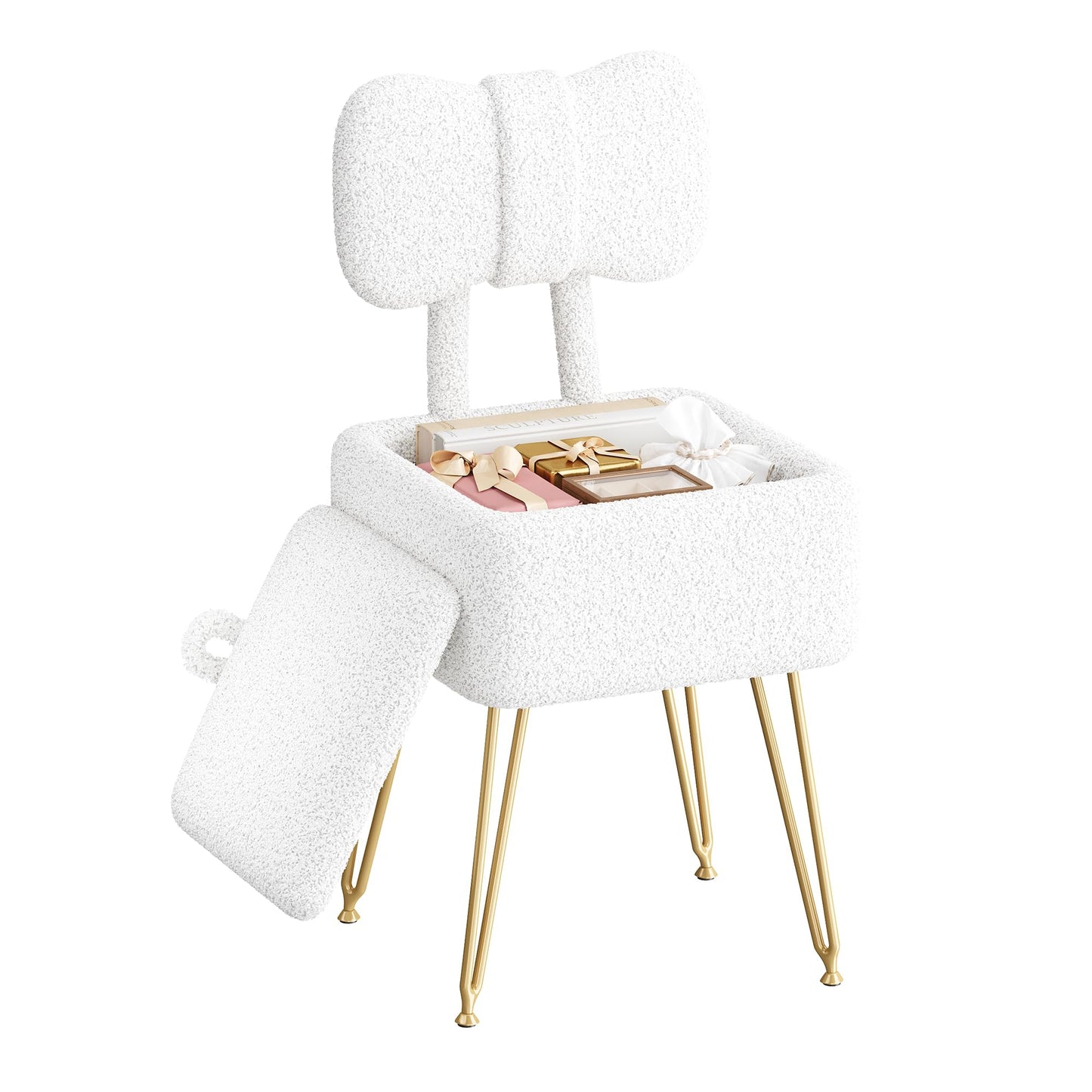 GLANZALANT Small Vanity Chair with Storage and Folding Back, 14.2" D x 12.6" W x 28.3" H Soft Storage Ottoman, Footrest Stool, Teddy Fleece Vanity Stool for Makeup, Bedroom, Living Room, White