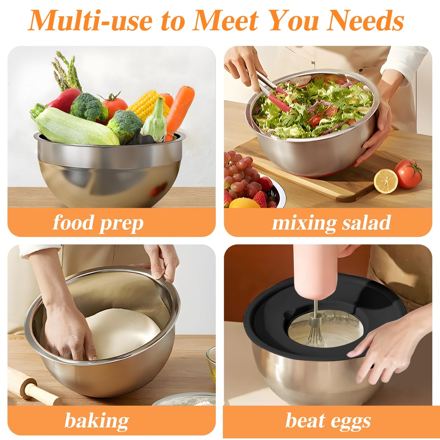 Winproper Mixing Bowls with Lids Set, 6 PCS Stainless Steel Mixing Bowls with 3 Grater Attachments, Kitchen Food Storage Organizers Nesting Mixing Bowl, Large Size 4.5, 3.5, 2.1, 1.5, 1.1, 0.7QT-Black