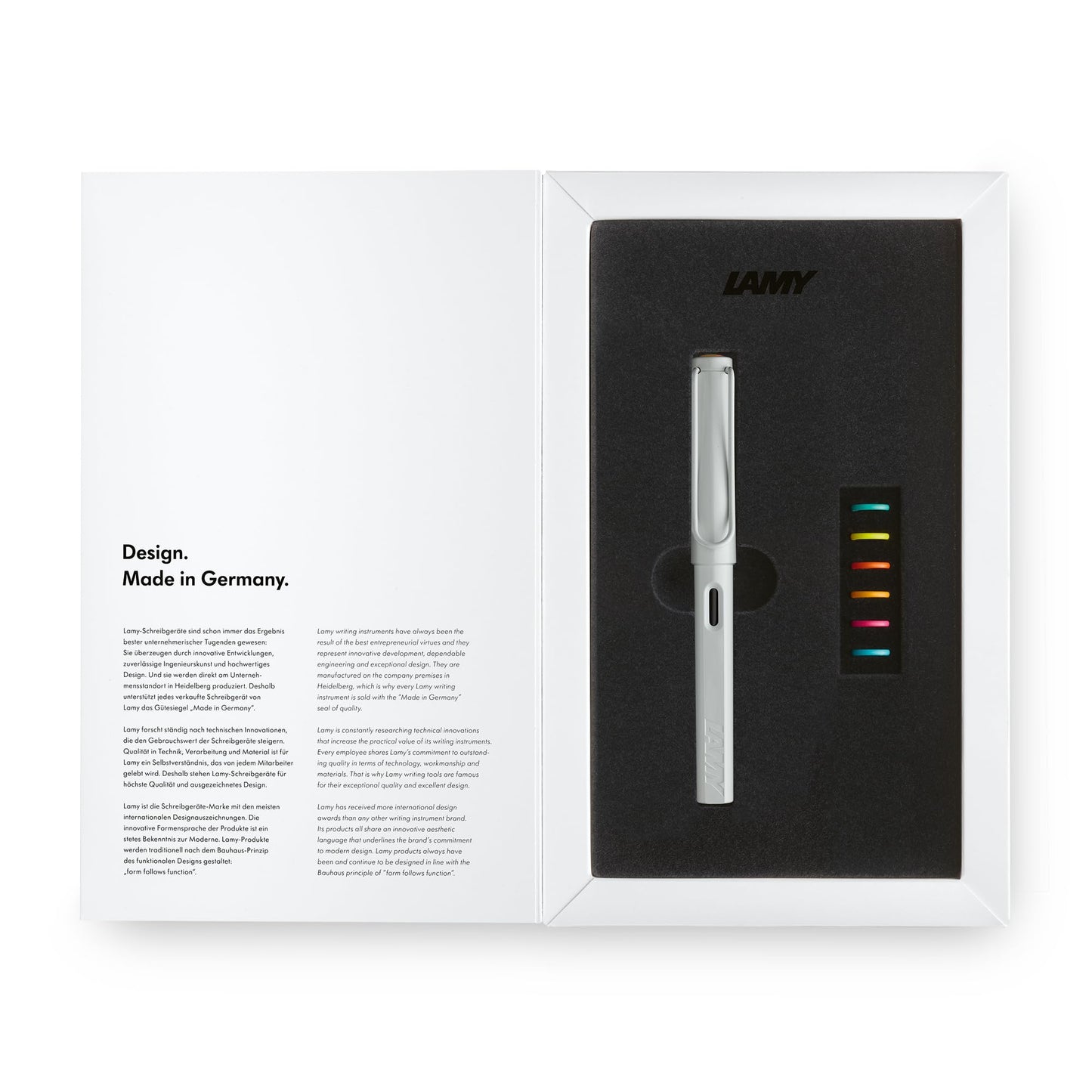 Lamy safari multicolor Fountain Pen Set all white – Special Edition with 6 Interchangeable Colored Rings – Steel Nib in Width F – incl. blue Ink Cartridge T10 & Gift Box