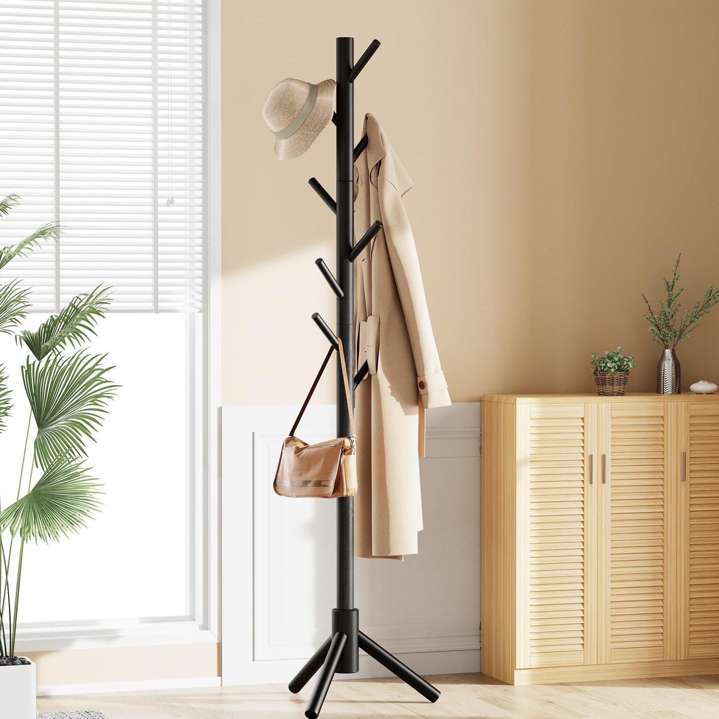 Pipishell Sturdy Wooden Coat Stand, 3 Adjustable Sizes Coat Tree with 8 Hooks, Coat Stands for Hallway Entryway, Hat Stand for Clothes, Used in Bedroom/Office/Hallway/Entryway, Black