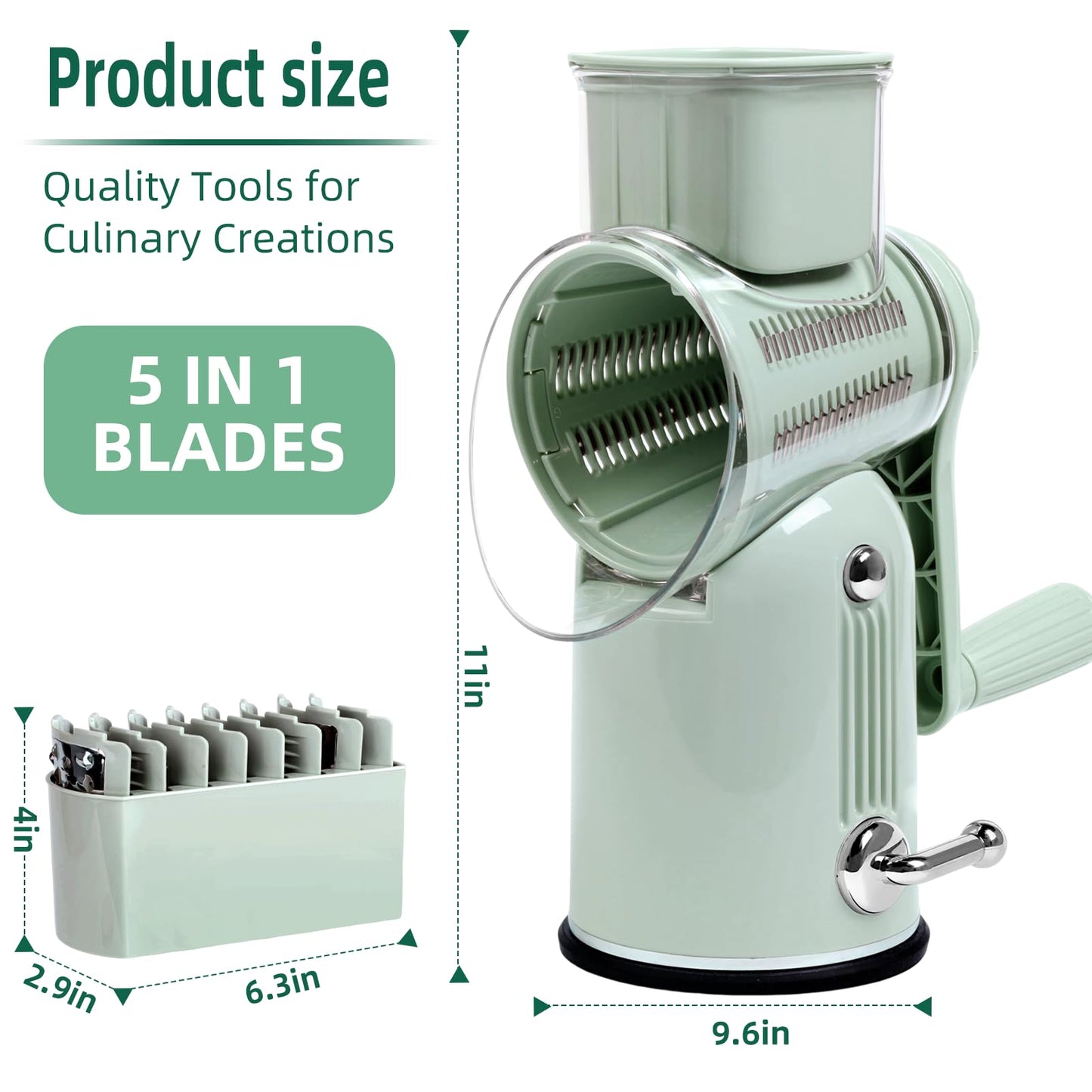 Rotary Cheese Grater with Handle, Vegetable Shredder with 5 Replaceable Blades & Strong Suction Base, Round Food Slicer & Chopper for Kitchen Fruit Vegetables Nuts with Blade Storage Box (Green)