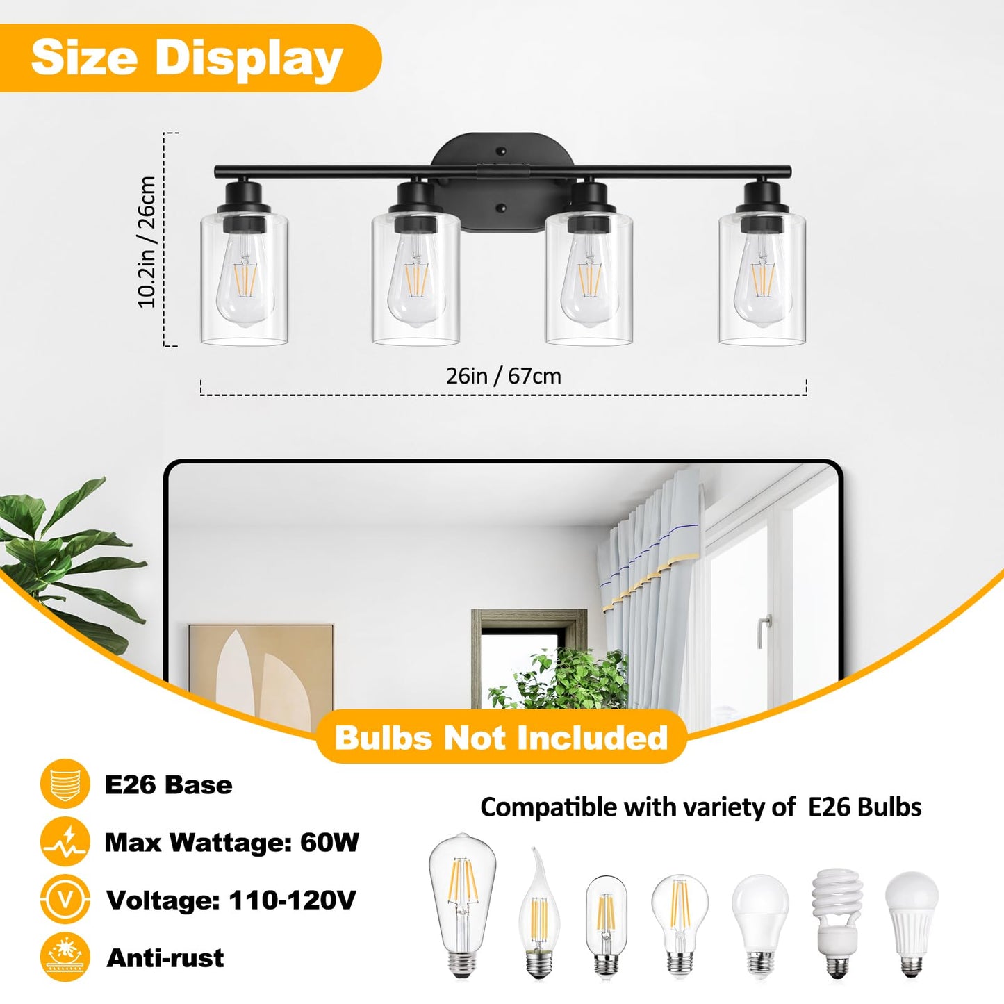Unicozin Bathroom Light Fixtures, 4 Light Vanity Lights for Bathroom, Black Wall Lamp with Clear Glass for Mirror, Living Room, Hallway, Cabinet, E26 Base