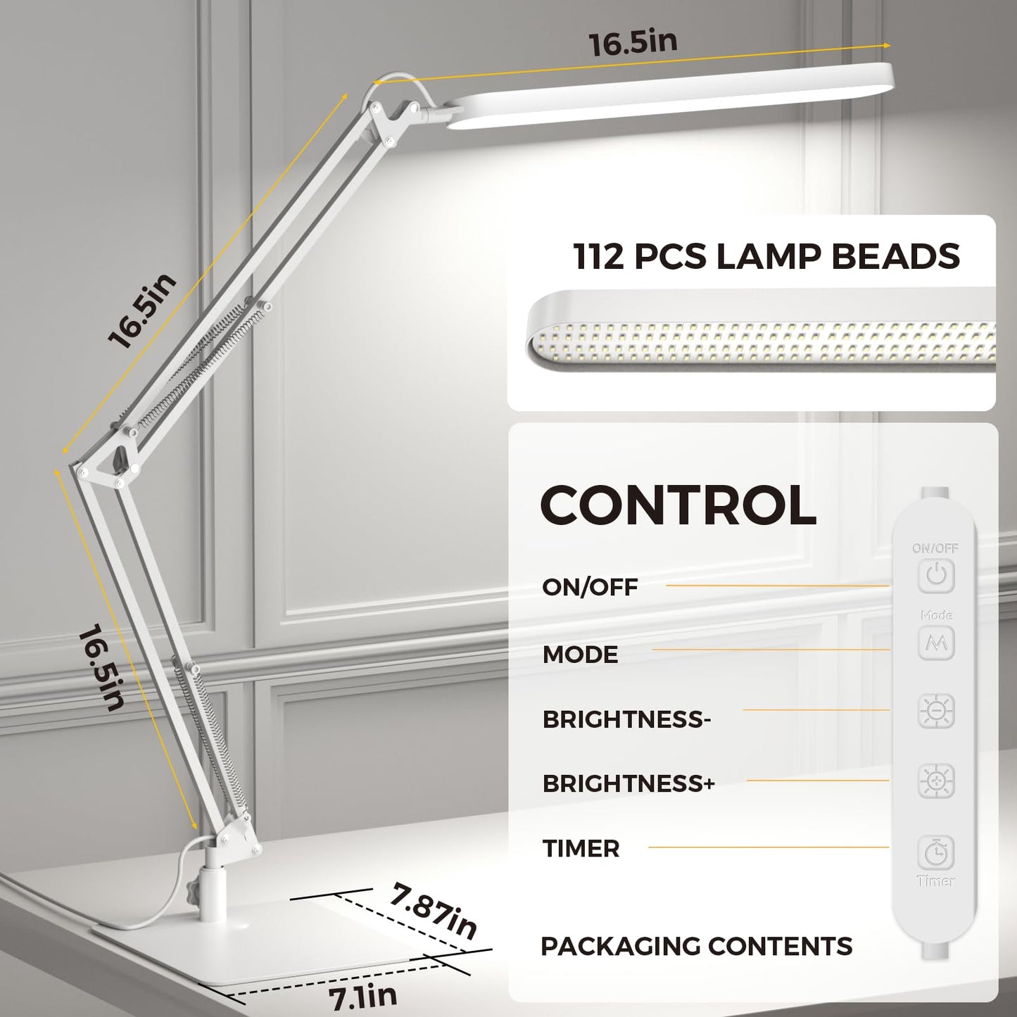 SKYLEO LED Desk Lamp with Slim Base - Adjustable Swing Arm Desk Light, Dimmable, Timer, Eye Protection, Memory Function, 1300LM, 12W, White