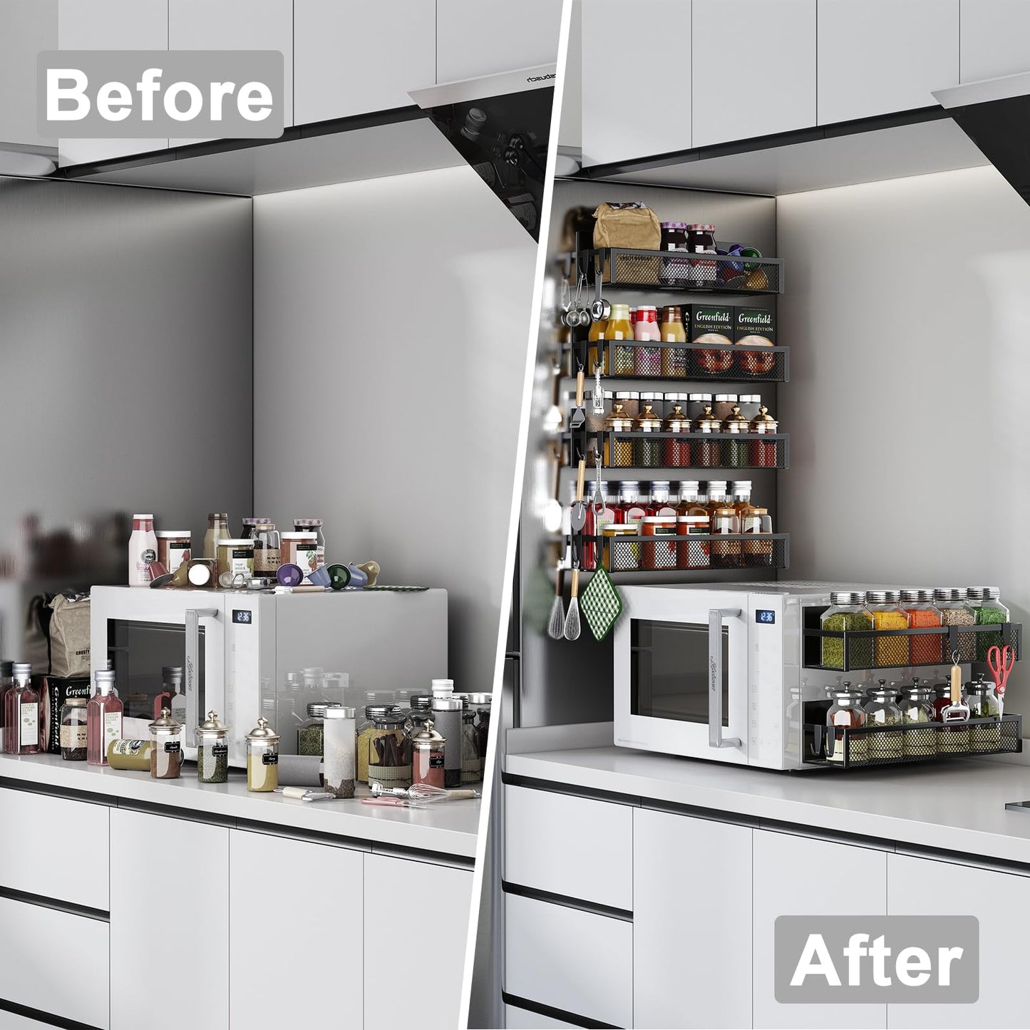 Aufworld Magnetic Spice Rack for Refrigerator, 6 Pack Magnetic Shelf, Fridge Magnet Organizer with Moveable 12 Hooks, Magnetic Fridge Shelf for Kitchen Organization and Storage (6 Pack)