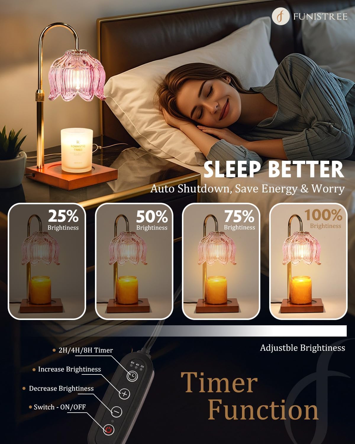 Pink Candle Warmer Lamp with Timer & Dimmer, Candle Lamp Warmer Adjustable Height, Mothers Day Birthday Gifts for Women Mom, House Warming New Home Bedroom Decor, Flower Wax Warmer for Jar Candle