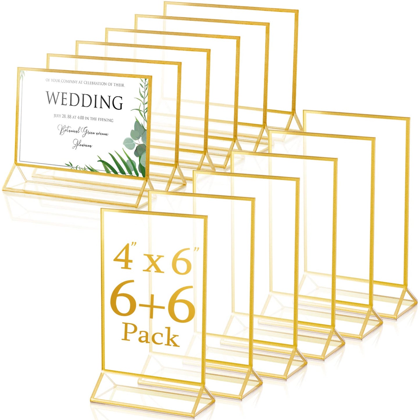 Hoteam 12 Pieces Gold Frames Clear Acrylic Sign Holder Double Sided Menu Display Stand with Gold Borders 2mm Table Number Holder for Wedding Recipe Cards Photo Display(Horizontal Vertical,4 x 6 Inch)