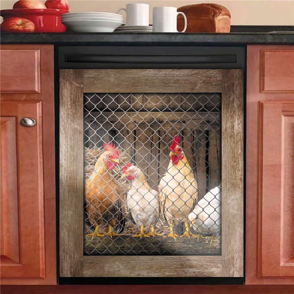 Awak Kitchen Decor Rooster Dishwasher Sticker Magnet Cover,Country Chicken Fridge Door Panels,Farmhouse Hen Refrigerator Magnetic Decals for Home Appliances,Easy To Trim 23 inchx26 inch