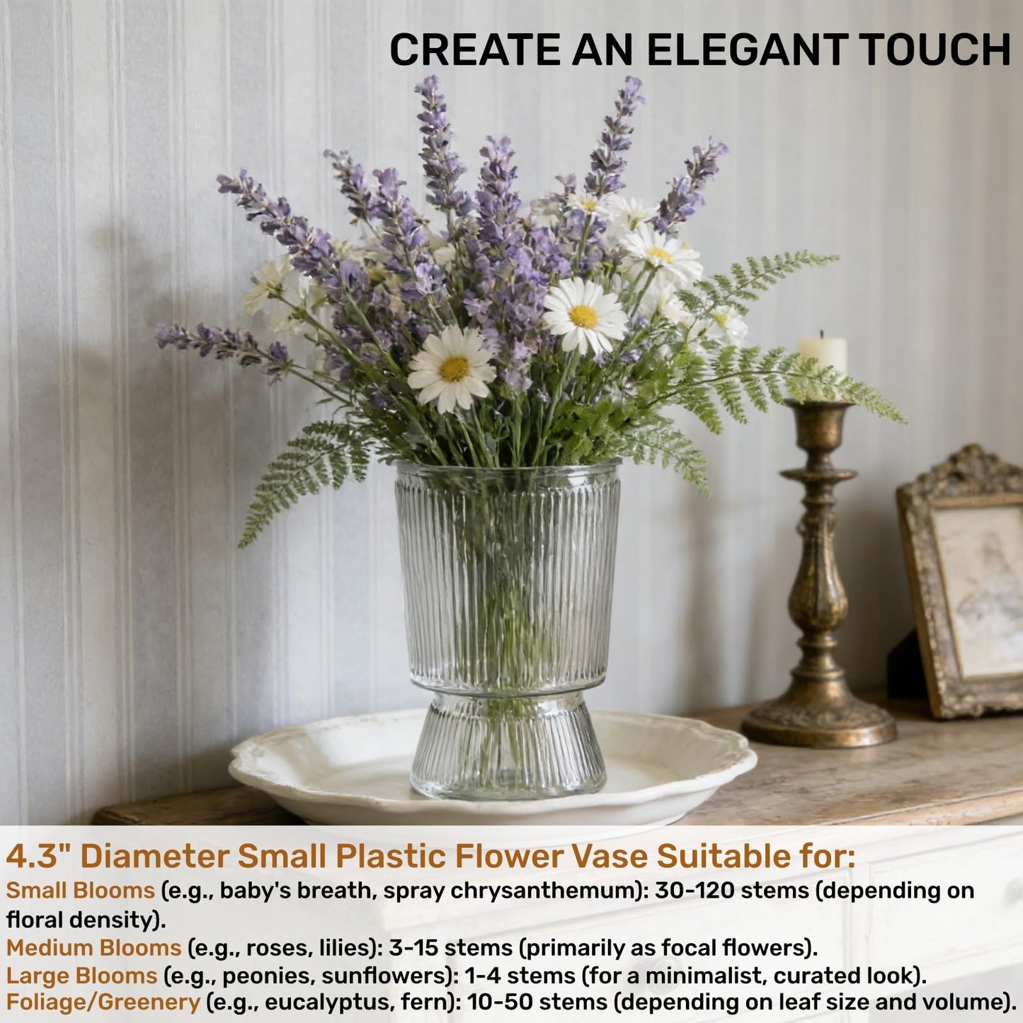 Tlence 12 Pack Clear Plastic Flower Vases, 6.3" Small Ribbed Fluted Glass-Like Vase, Decorative Modern Ripple Hydroponic Plant Vase with Base for Table Centerpieces Home Decor Wedding Decoration
