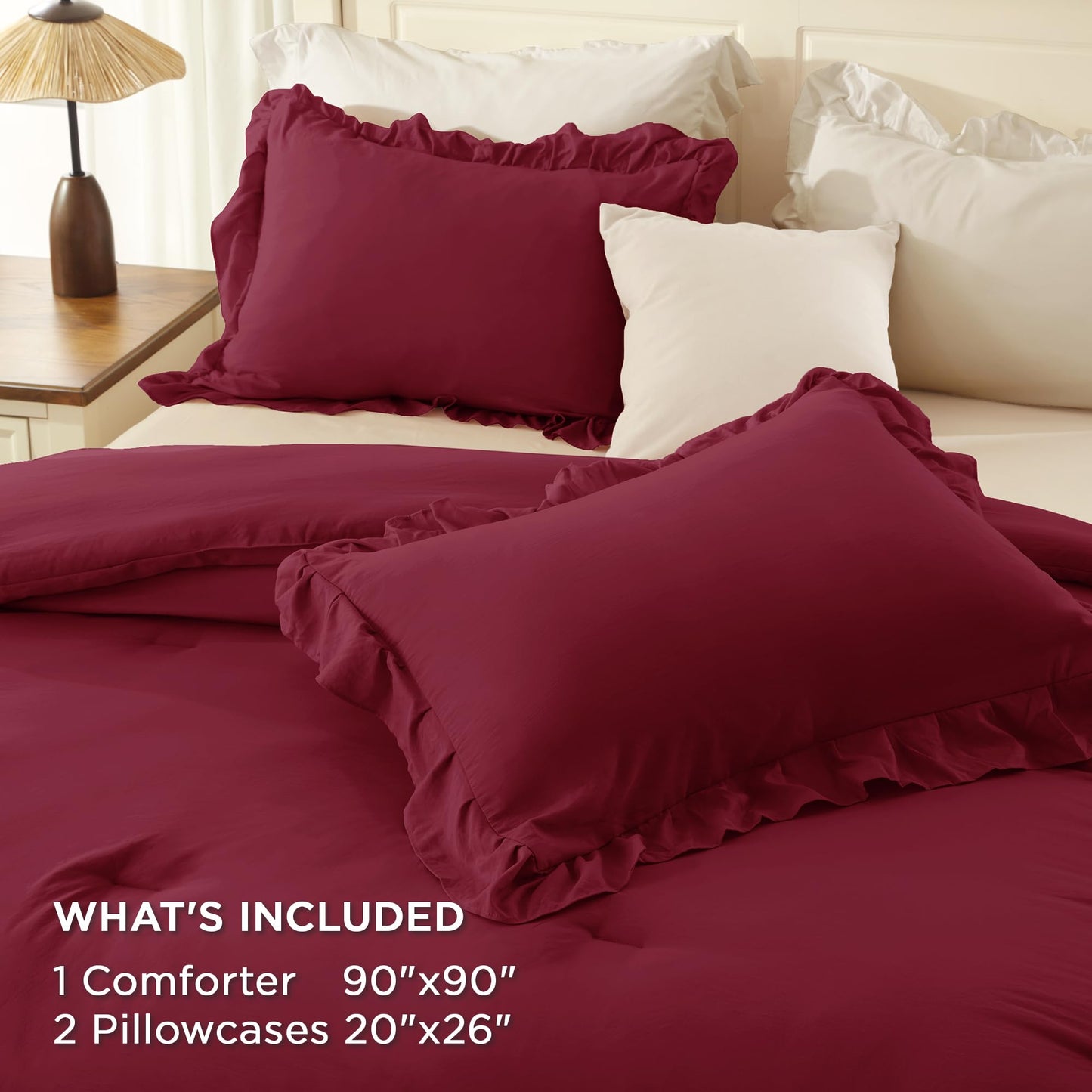 Andency Burgundy Comforter Set Queen Size, Lightweight Fluffy Farmhouse Ruffle Bedding Set, Soft Polyester All Season Shabby Chic Bed Comforter Set 3 Pieces(1 Comforter 2 Pillowcases)