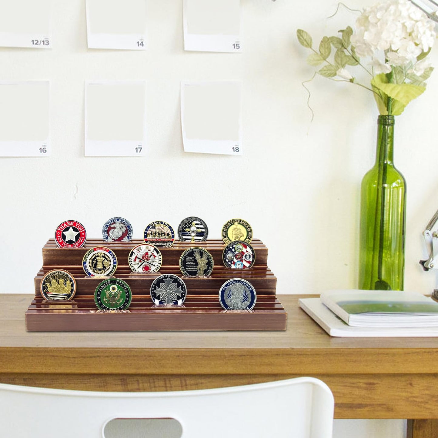 SPVIKISGO Challenge Coin Display Stand, Solid Wood Military Coin Holder Display, 9 Rows of Challenge Coin Holders, Holds 45-60 Coins
