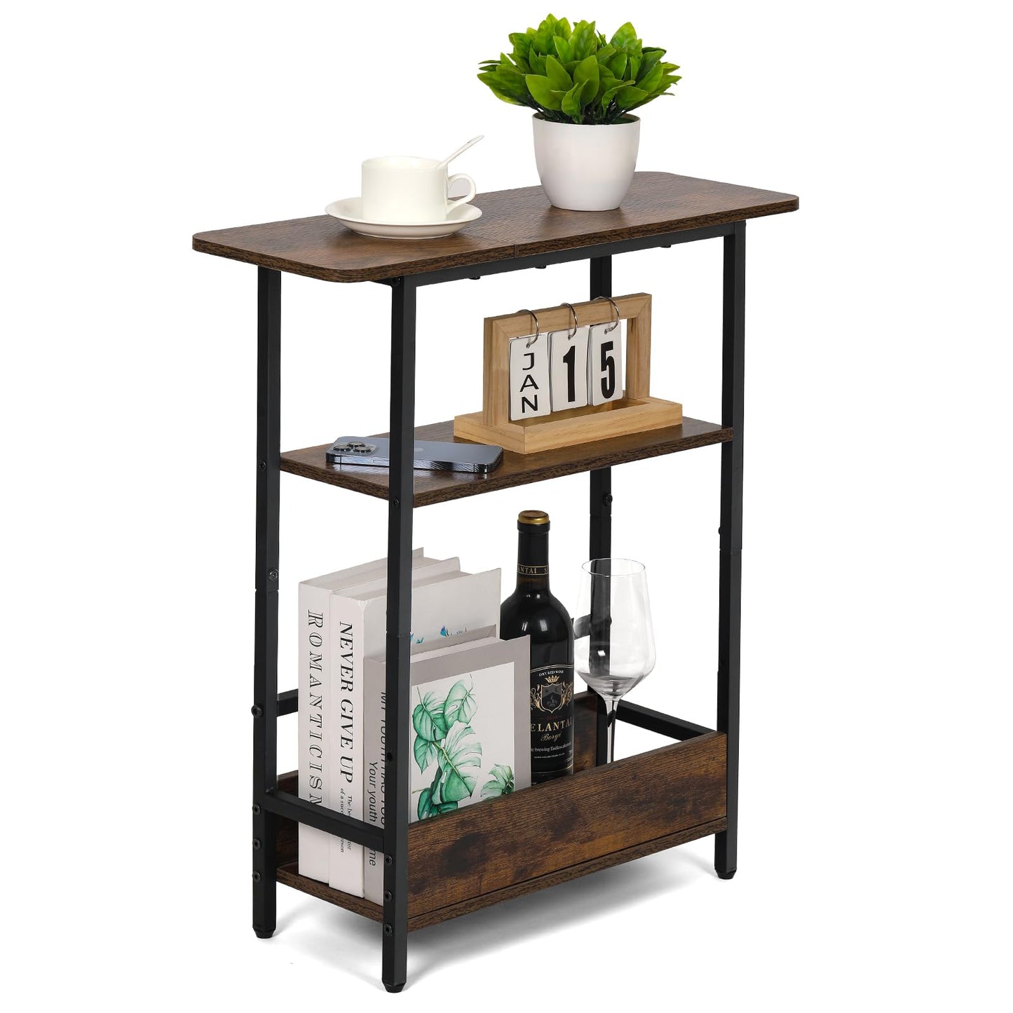Tedheve Narrow Side Table for Small Spaces, 3-Tier Small End Table with Storage Shelf and Magazine Holder, Slim and Skinny Nightstand for Bedroom, Living Room Sofa Table for Space Saving, Brown