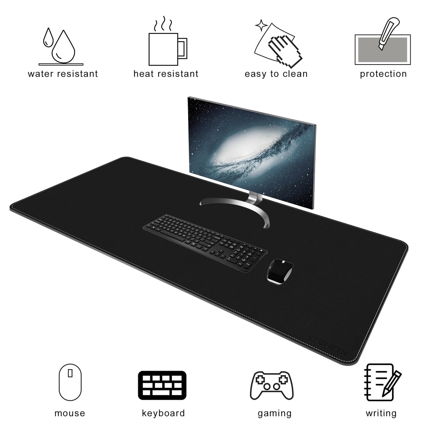 Chihein 47" x 20" 3XL PU Leather Desk Mat (Black/Gray), Dual Sided Desk Pad, Waterproof Computer Desk Bottle for Gaming, Office, Home