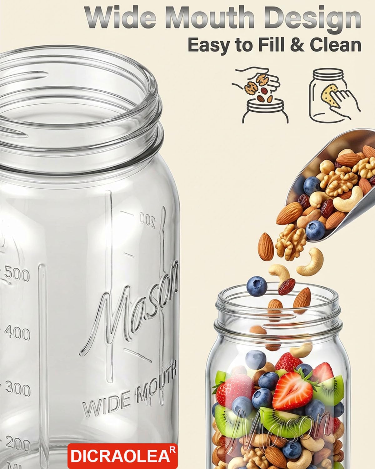 DicraoLea 12 Pack 32 OZ Glass Food Storage Jars with Separable Airtight Lids, Wide Mouth Mason Jars for Pickling, Fermentation, Canning, Microwave & Dishwasher Safe