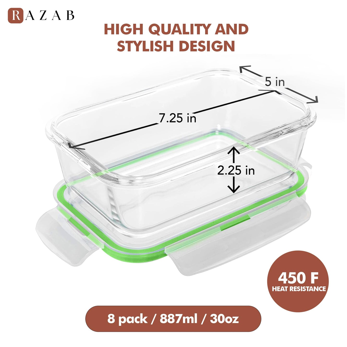 Razab 16 Pc (Set of 8) 30 Oz Glass Meal Prep Containers with Lids, Airtight Large Glass Food Storage Containers, Reusable Leak Proof BPA Free, Freezer to Oven and Dishwasher Safe