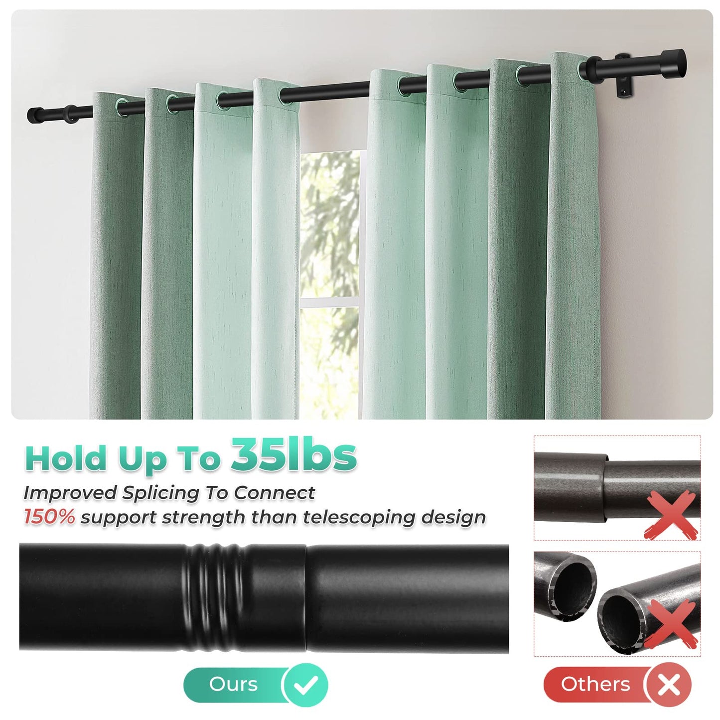 Extra Long Curtain Rods for Windows 120" to 240", 1 Inch Matte Black Drapery Rod For Bedroom Living Room Divider Adjustable Heavy Duty Outdoor Curtain Rod for Patio Cap Finials
