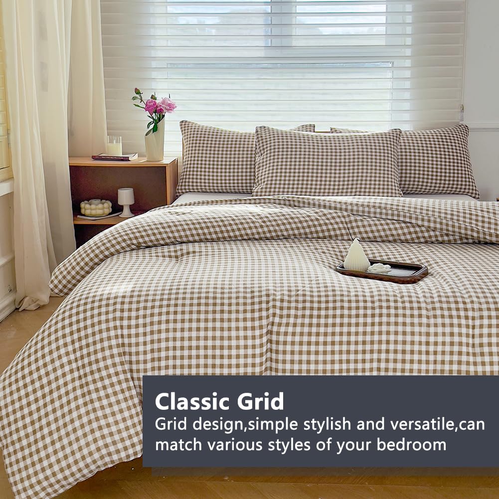 NSNLGSGC Queen Comforter Set, Tan Gingham Bedding Comforter Sets, Brown Grid Bed Comforter 3 Pieces (1 Comforter, 2 Pillowcases)