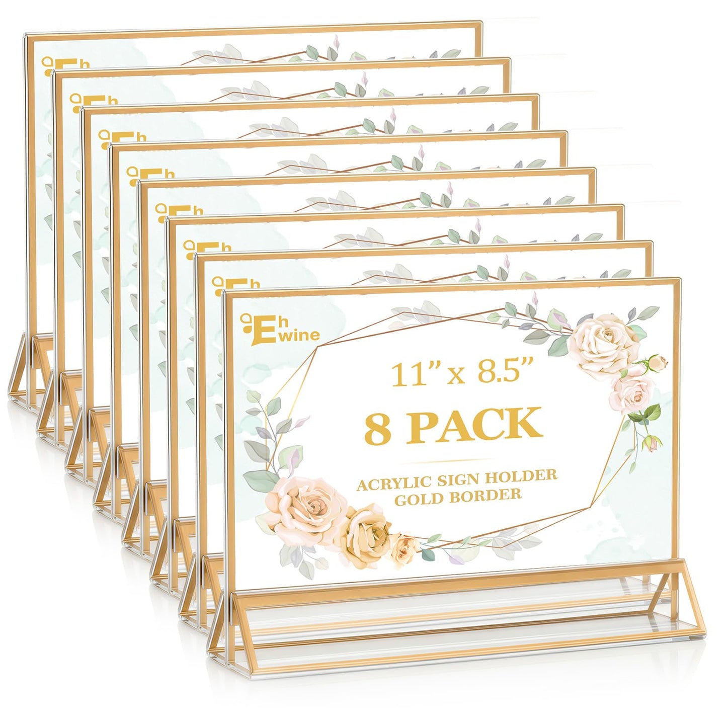 EHWINE 8 Pack Acrylic Sign Holder 8.5 x 11 Horizontal, Double-Sided Stand up Table Top Sign Holders, Gold Acrylic Picture Frame Menu Flyer Paper Holder Display Stand for Office Business Store Wedding Party