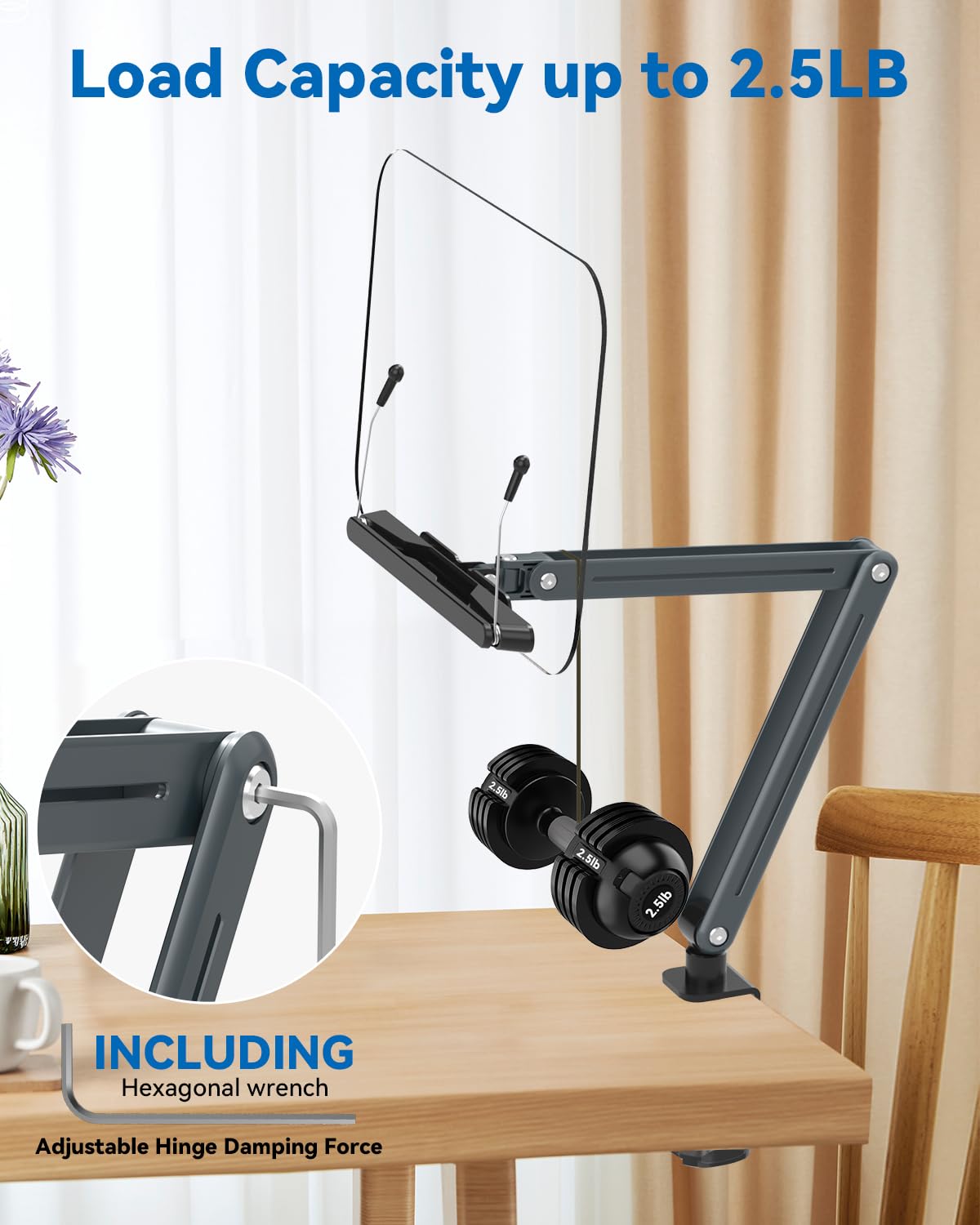 YCNEW Desk Clamp Acrylic Book Stand for Reading, Ergonomic Design Adjustable Height up to 20 inches with Rotating Bases Cookbook Stand, Suitable for Recipe, Sheet Music, Tablet(Gray)
