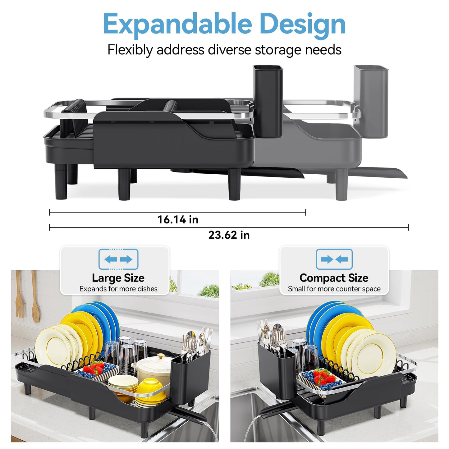 Urackify Dish Drying Rack for Kitchen Counter, Expandable Stainless Steel Dish Racks with Adjustable Water Spout, Space Saving Dish Drainer with Cutlery Holder,16.14"-23.62" L x 12.99" x 8.78",Black