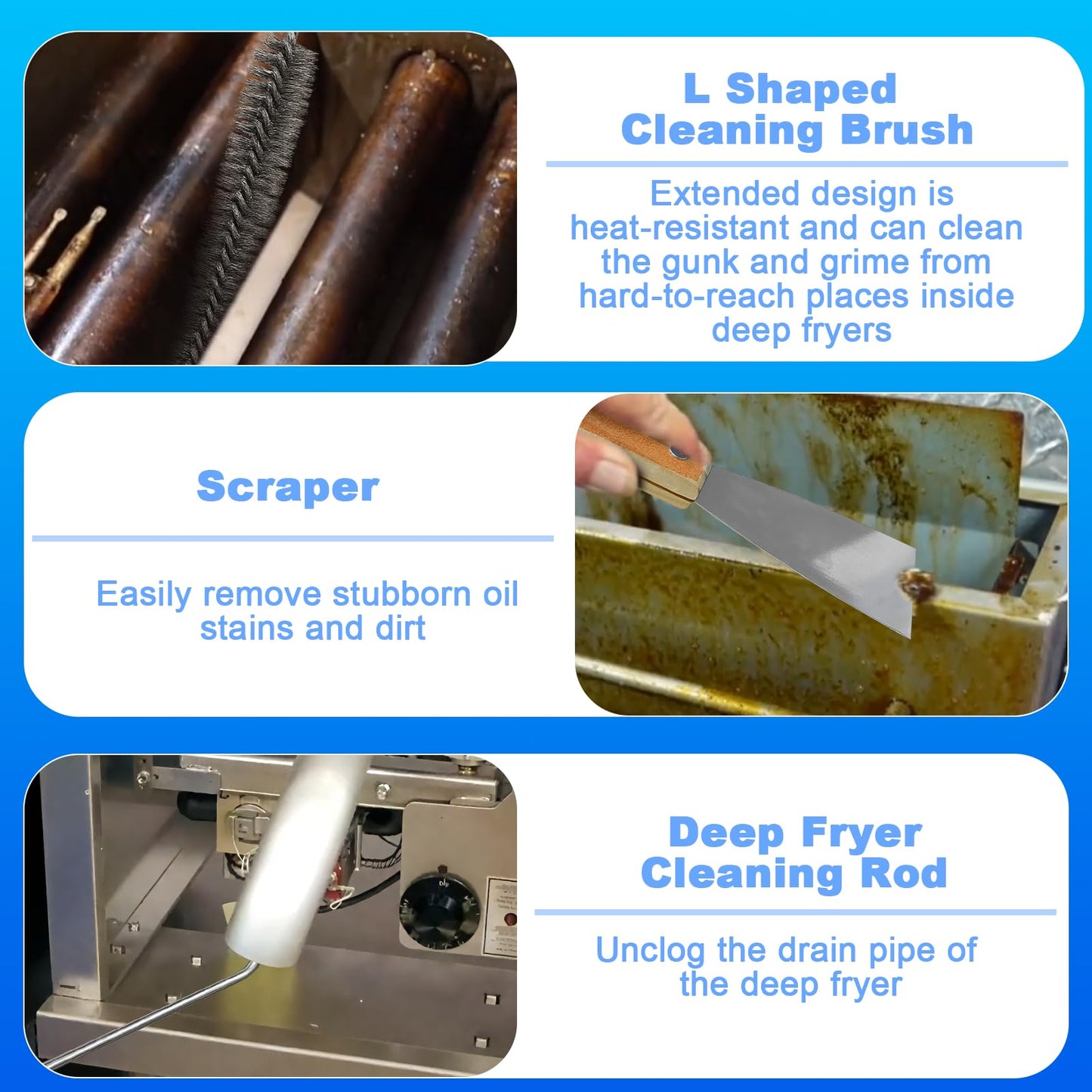 XANGNIER Large Commercial Fryer Cleaning Tools,6 Pcs Stainless Steel Electric Deep Fryer Cleaner Brush for Restaurants,Hotel Kitchen Fryers Deep Cleaning Accessories
