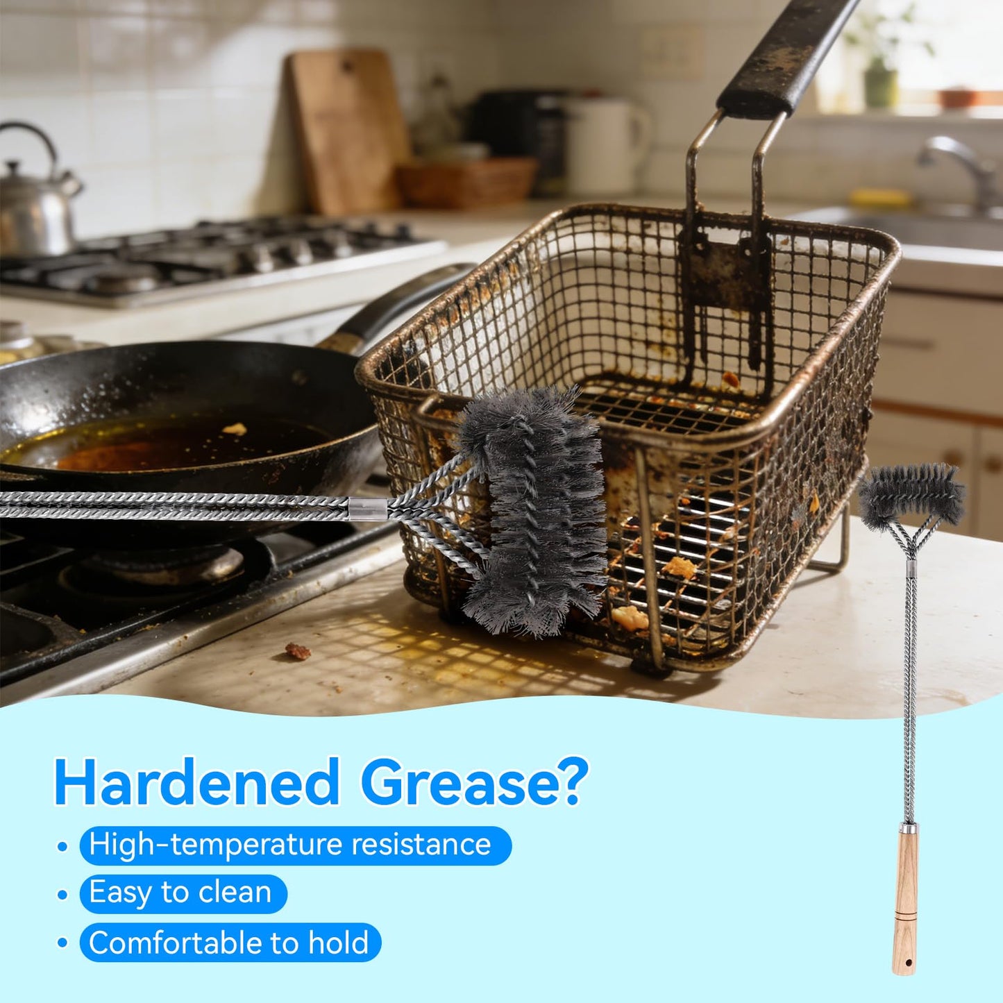 4-Piece Professional Deep Fryer Cleaning Kit - Commercial Stainless Steel Set with Dual-Layer Basket Brush, 3-in-1 Grill Scraper, L-Shape Brush & Drain Wand