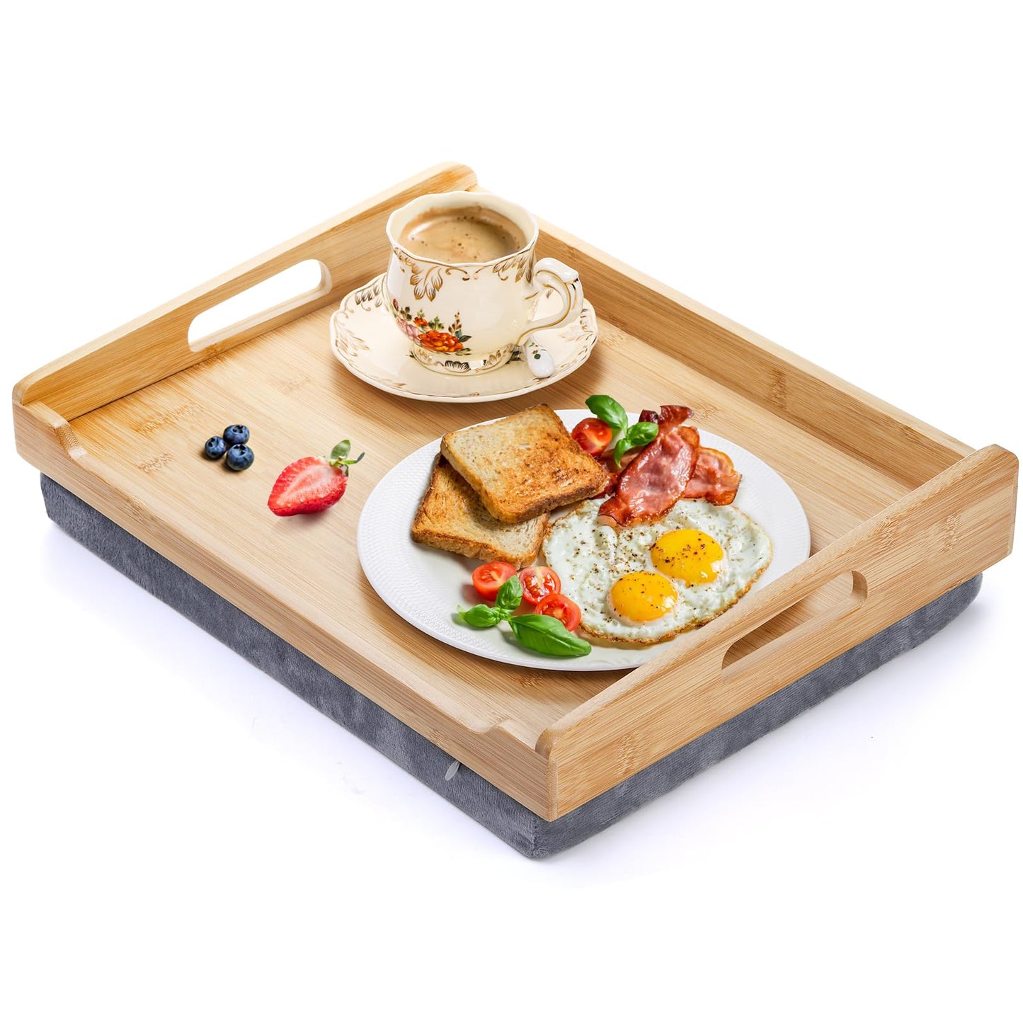 TOPZEA Bamboo Lap Tray with Detachable Cushion, 16.5"x 12.5" Bed Trays TV Lap Desk, Breakfast Meal Serving Tray with Handle for Adults Eating in Recliner, Couch, Car, Fits for 13-14 Inch Laptops