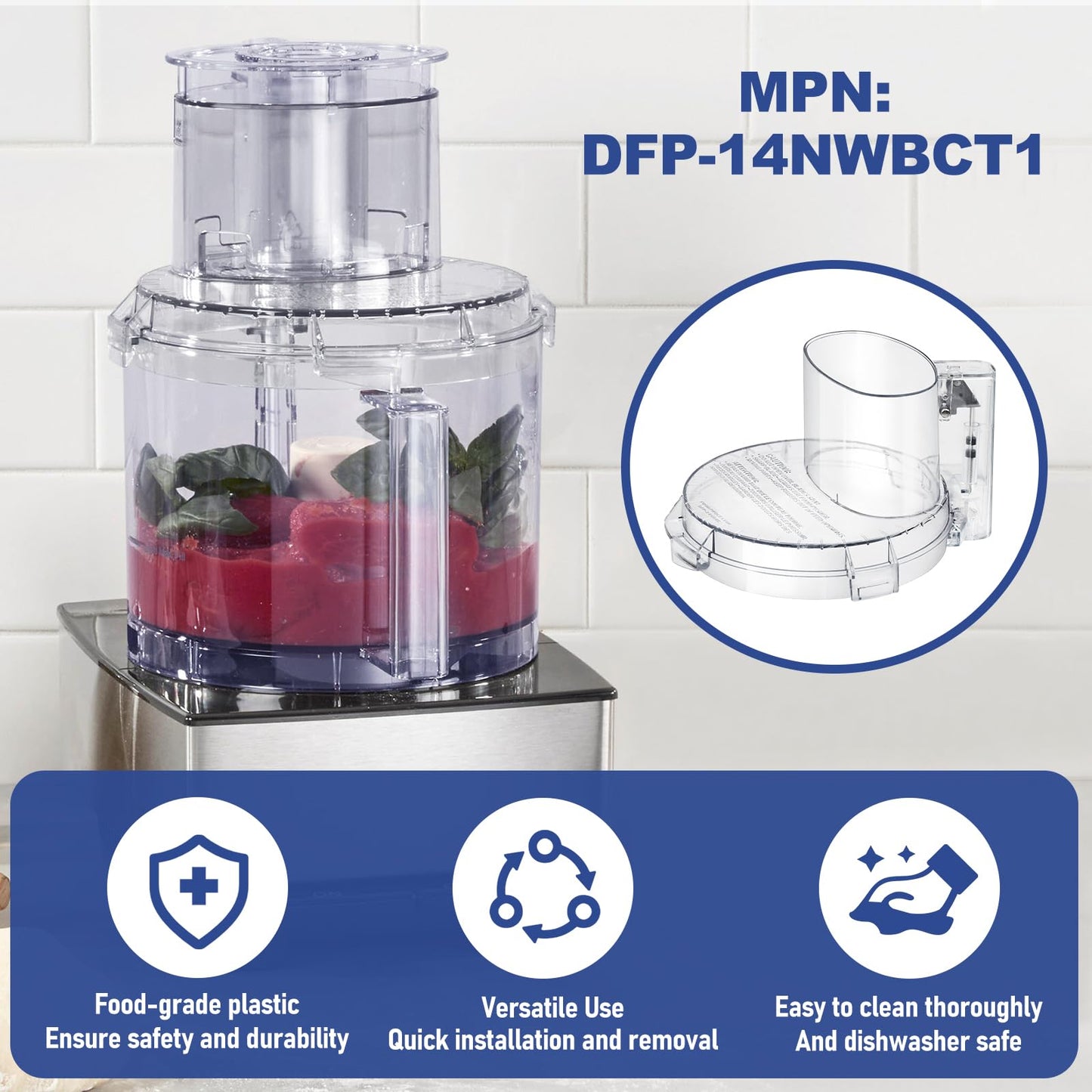 4 Locking Tabs DFP-14NWBCT1 Replacement Clear Food Processor Work Bowl Cover, Compatible with Cuisinart Tritan food Processor Only fits Bowl DLC-005AGTXT1,Fits Model DFP-14, DFP-14BCN, DFP-14BCHN