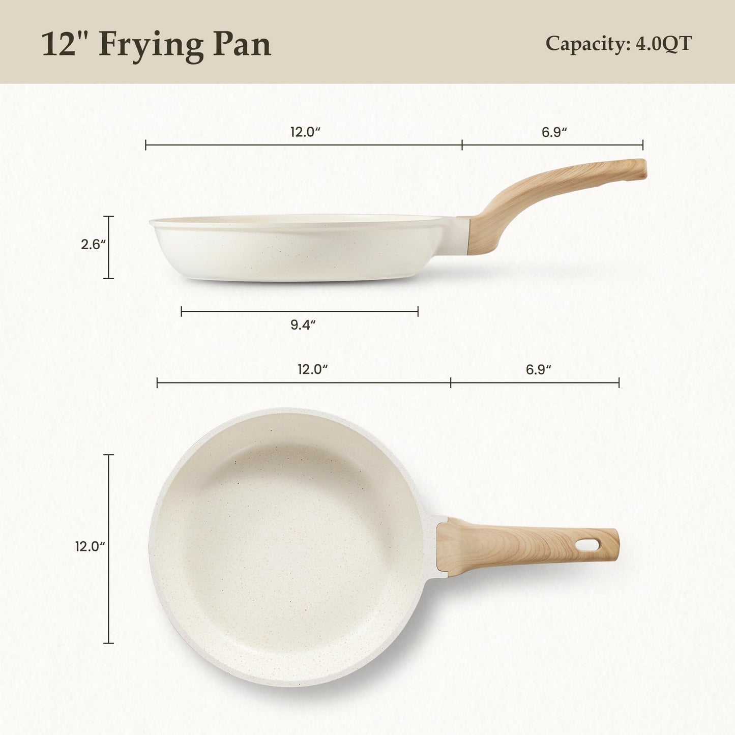 CAROTE Non Stick Frying Pan Skillet, Omelet Pan, Healthy Non Toxic Granite Chef Pan, Induction Compatible Egg Frying Pan with Heat-Resistant Handle, PFOA-Free, Cream White, 12"