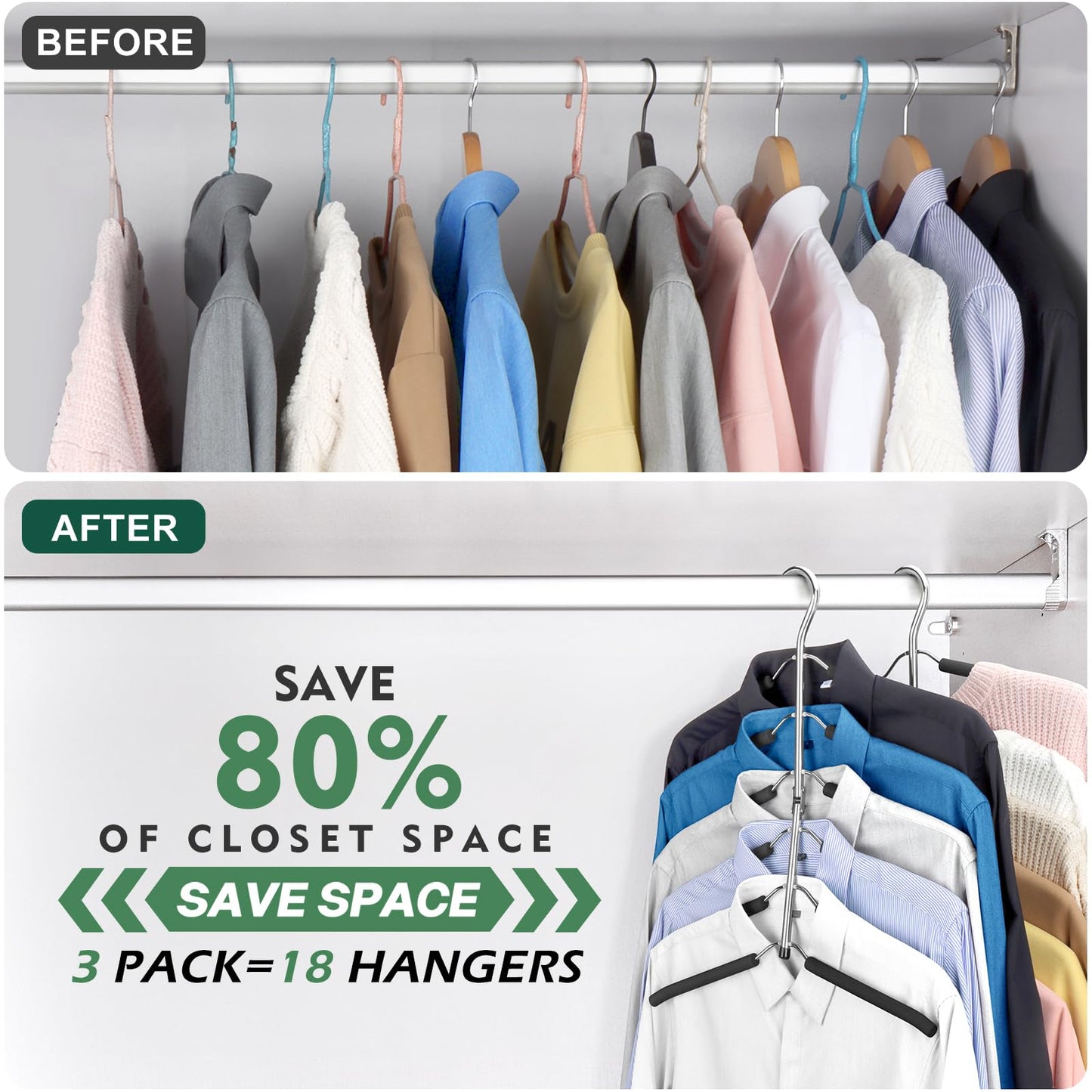 DOIOWN Clothes Hangers Space Saving: 6 Tier Coat Hanger Space Saving Hangers Non Slip Foam Padded Hanger, 3 Pack Black Metal Sweater T Shirt Hangers for Men Women, Closet Organizers and Storage