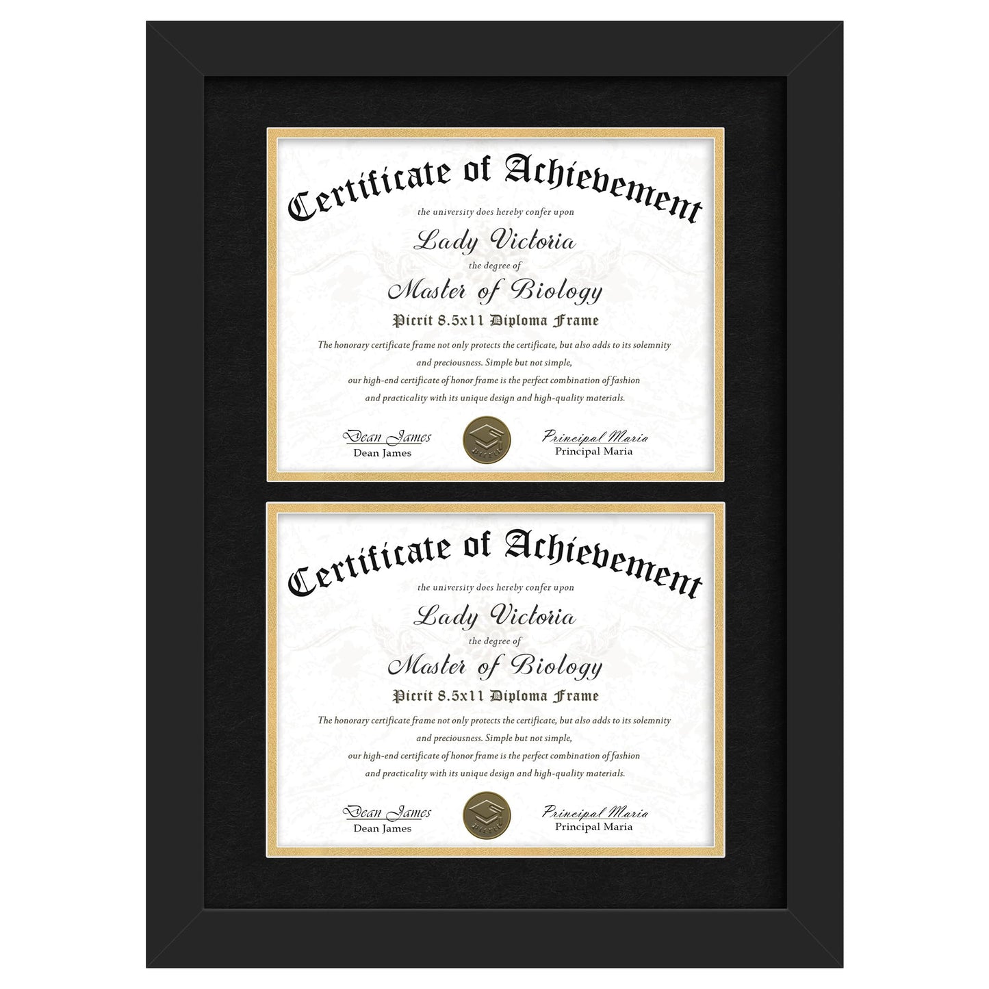Picrit Double 8.5x11 Black Wood Diploma/Document Frame with Tempered Glass & Black over Gold Mat, and Display 14x20 Degree Certificate Frame without Mat for Wall, 1 pack