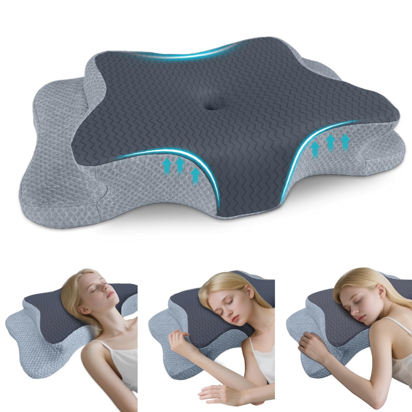 CHxxy Cervical Pillow for Neck Pain Relief, Memory Foam Pillows, Ergonomic Contour Bed Pillow, Soft for Side Sleep Stomach Sleeping and Back Sleepers-Queen Size Grey&Grey