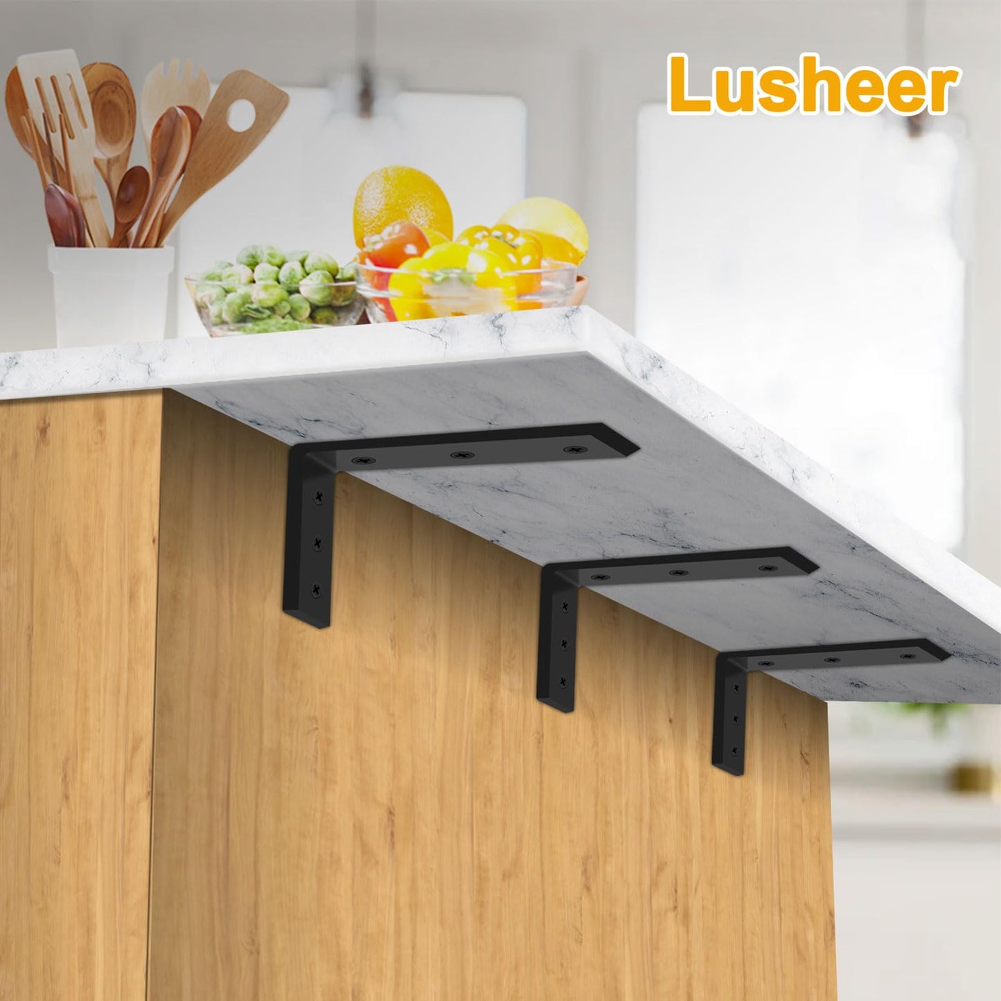 Lusheer Countertop Support Brackets, Heavy Duty L Shelf Bracket 16'' x 6'' x2.5'' for Granite, Holds up to 300 lbs, L Bracket for Quartz, Granite, Wood, Concrete and Laminate Countertops(2 Pack)