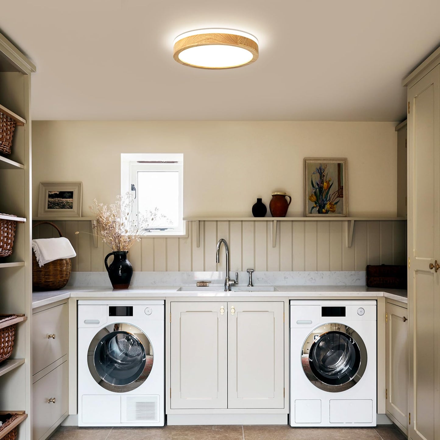 Pevfah Modern Dimmable Wood Flush Mount Ceiling Light, 2700K-6000K 5CCT Round Close to Ceiling Lighting Fixtures, Minimalist LED Ceiling Lamp for Bedroom, Kitchen, Hallway, Laundry Room-11.81in