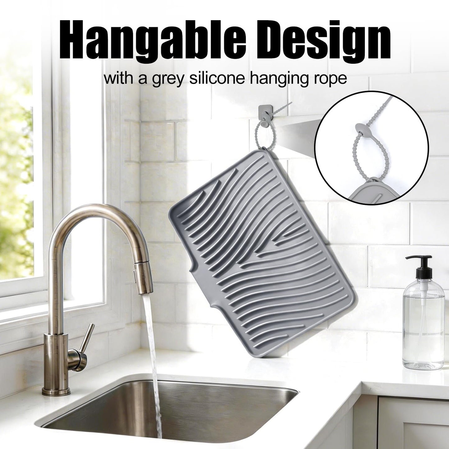 TIKNIK Silicone Dish Drying Mat, Stone Drying Mat for Kitchen Counter with Built-In Drain, Non-Slip Drain Pad with Built-in Drain, Heat Resistant Stone Drying Mat, 1Pcs 20" x 15", Grey