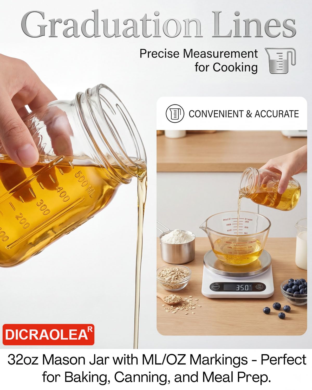 DicraoLea 12 Pack 32 OZ Glass Food Storage Jars with Separable Airtight Lids, Wide Mouth Mason Jars for Pickling, Fermentation, Canning, Microwave & Dishwasher Safe