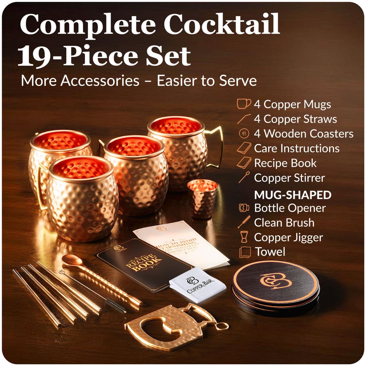 COPPER-BAR Moscow Mule Copper Mugs - Unique HANDCRAFTED Gift Set of 4, Hammered by Artisan, 100% Pure Solid Copper Cups 16oz for Drinking Water & Cocktails, Include 19 Pcs accessories & Special Opener